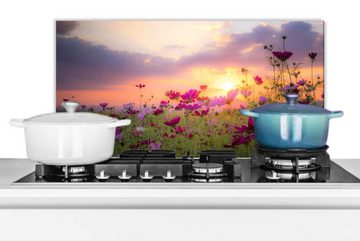 MuchoWow Küchenrückwand Sonnenuntergang - Blumen - Rosa - Natur - Grün, (1-tlg), 60x30 cm, Wandschutz, gegen Fett und Schmutzflecken für Küchen