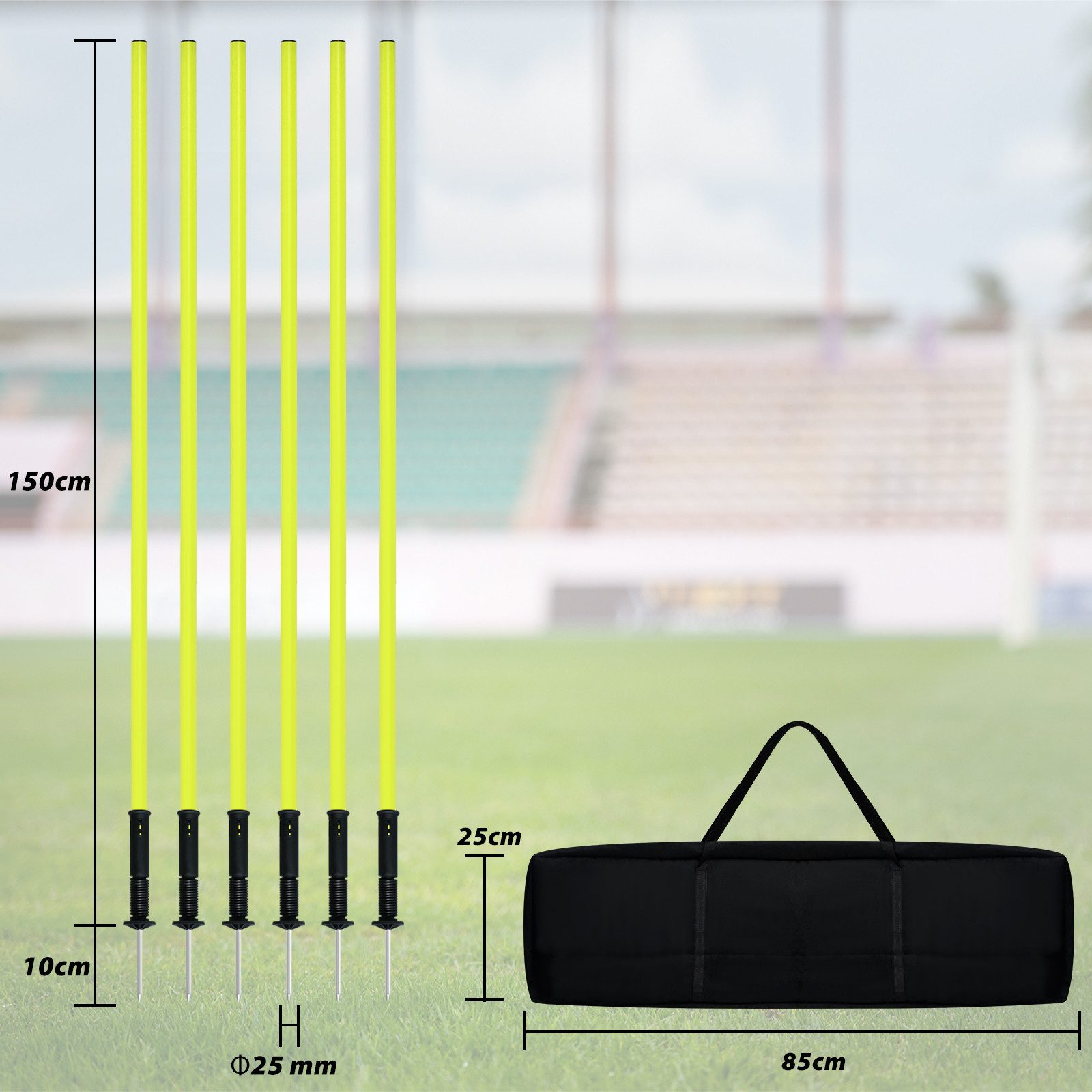 FIVMEN Trainingshilfe Agility Fussball Slalomstangen Set aus 6 Slalom Stangen Hürdenstangen, Für Erwachsene Kinder Hunde Training mit Erdspieß und Tragetasche