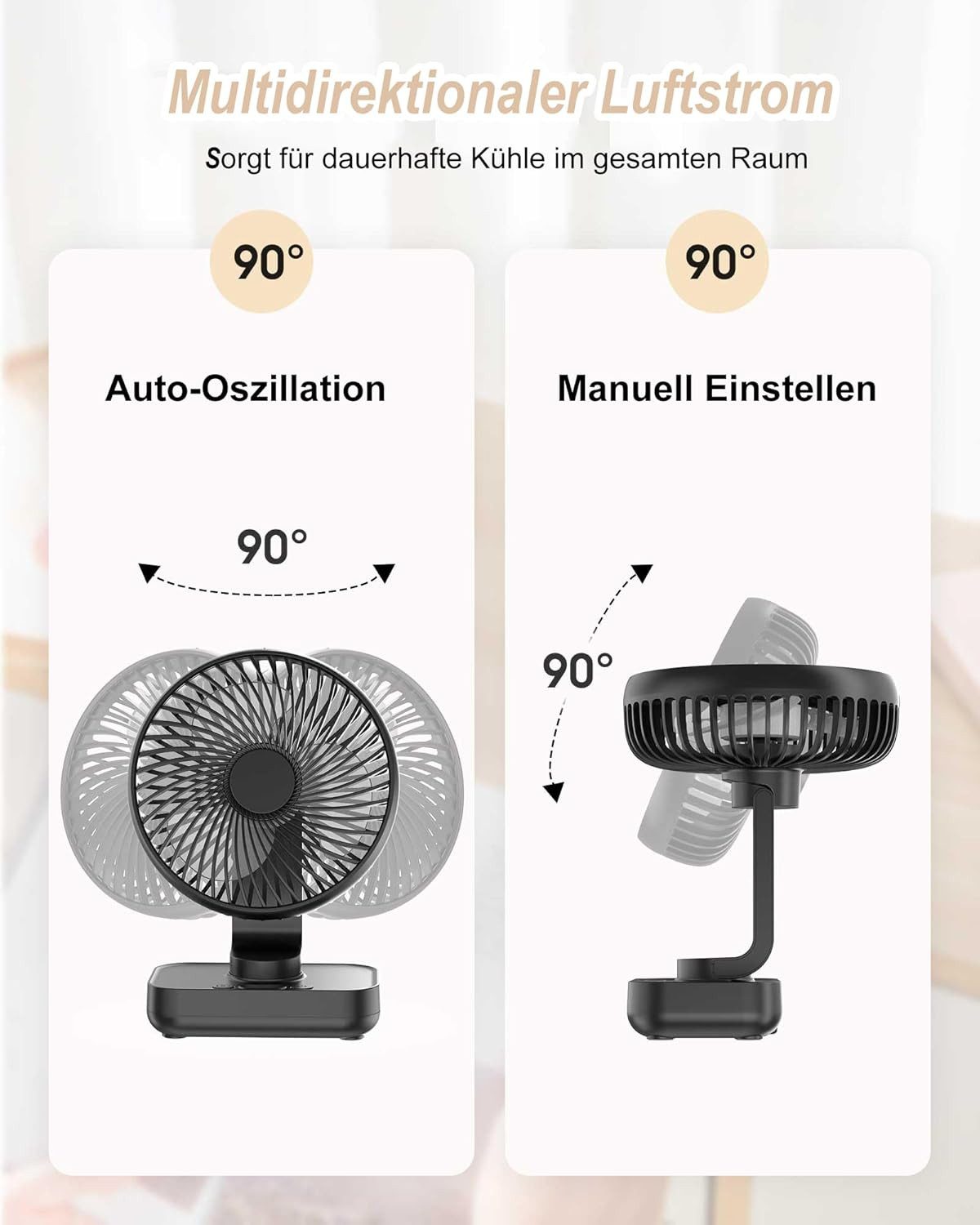 FELIXLEO Akku-Ventilator Tischventilator Leise USB Akku 4000mAh Oszillierend 4 Stufen – Bild 2 von 5