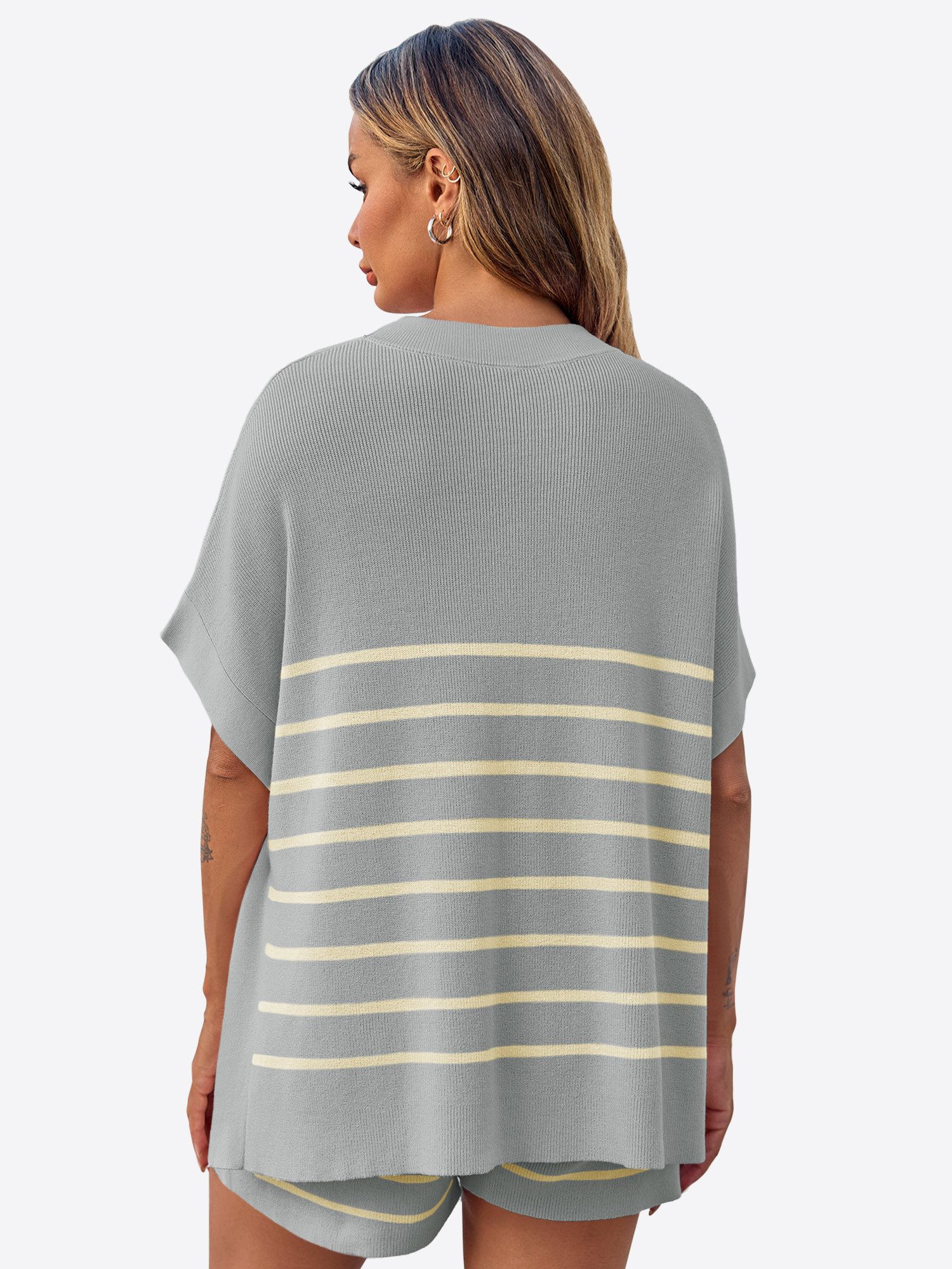 Imily Bela Hausanzug Damen Sommerliche Strick Lounge Shorts Sets (Set, 2 tlg., Kurzarm-Tops mit Fledermausärmeln + Shorts mit hohem Bund) Streifen