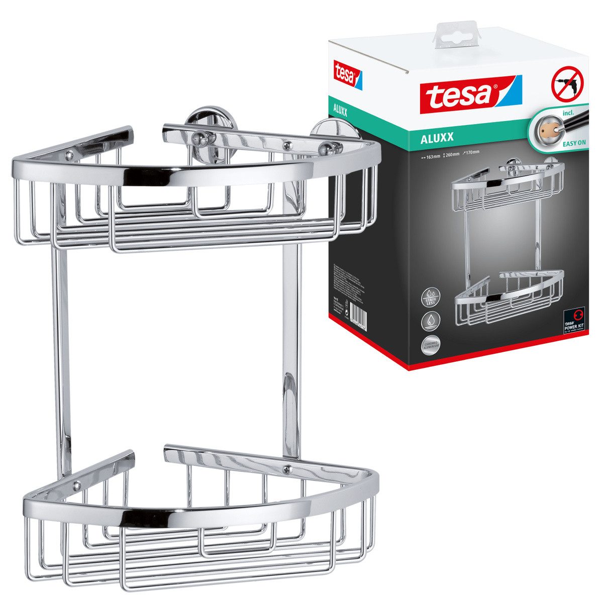 tesa Duschregal Aluxx Duscheckablagekorb ohne Bohren - 26,0x16,3x17,0 cm, 1-tlg., selbstklebendes Hängeregal für die Dusche - chrom - silber glänzend