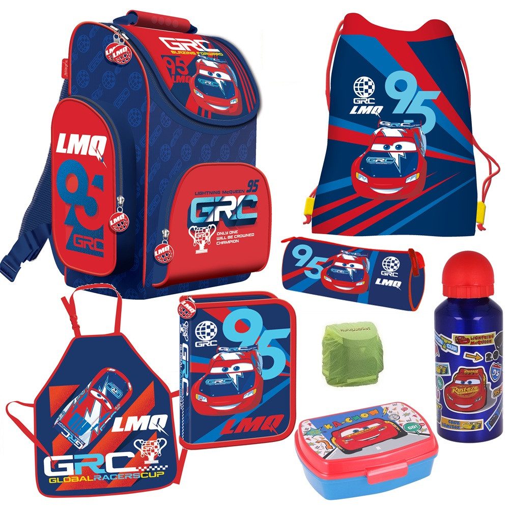 Familando Schulranzen 1. Klasse; ergonomischer Tornister (Set, 8-tlg., inkl. Federmäppchen und Turnbeutel), Disney Cars Lightning Mc Queen Auto