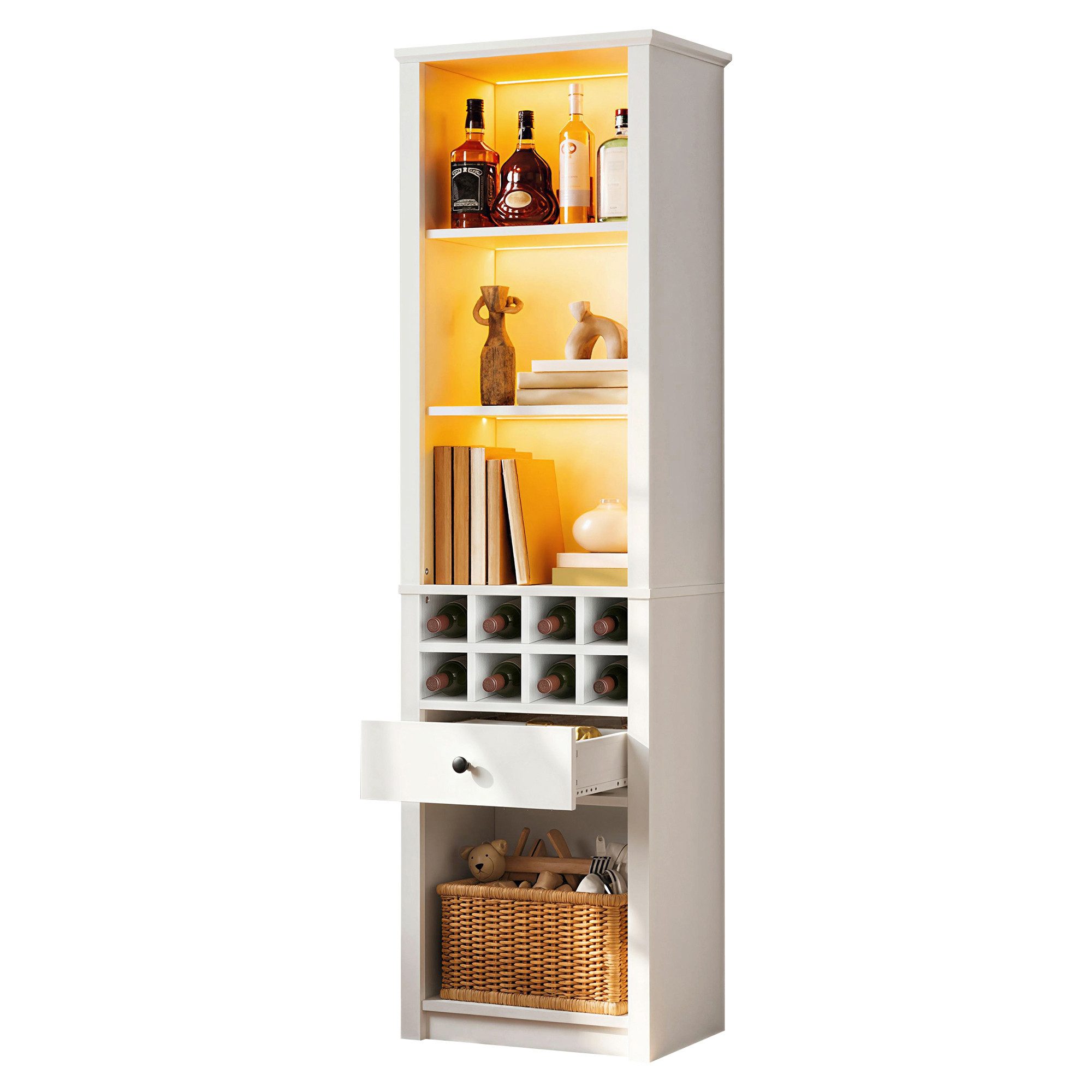 Merax Standvitrine Vitrine mit LED Beleuchtung,Hochschrank mit 12 Staufächern & Schublade (1-St) Weinregal Bücherschrank Ausstellungsregal 55x40x200cm
