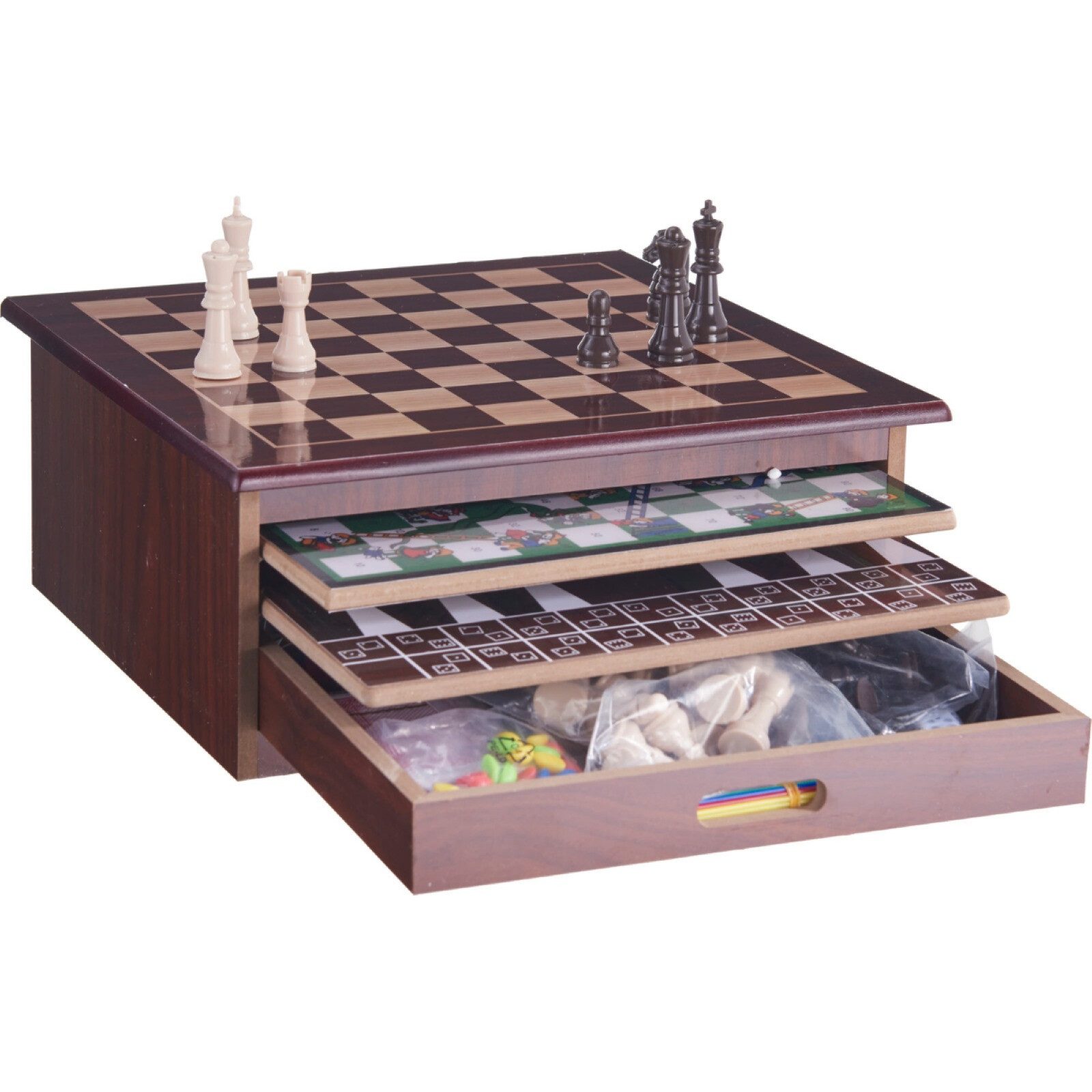 HAC24 Spielesammlung 12-in-1 Spieleset Klassische Brettspiele Spielbox, in Holzbox mit Schublade 30 x 30 x 15 cm