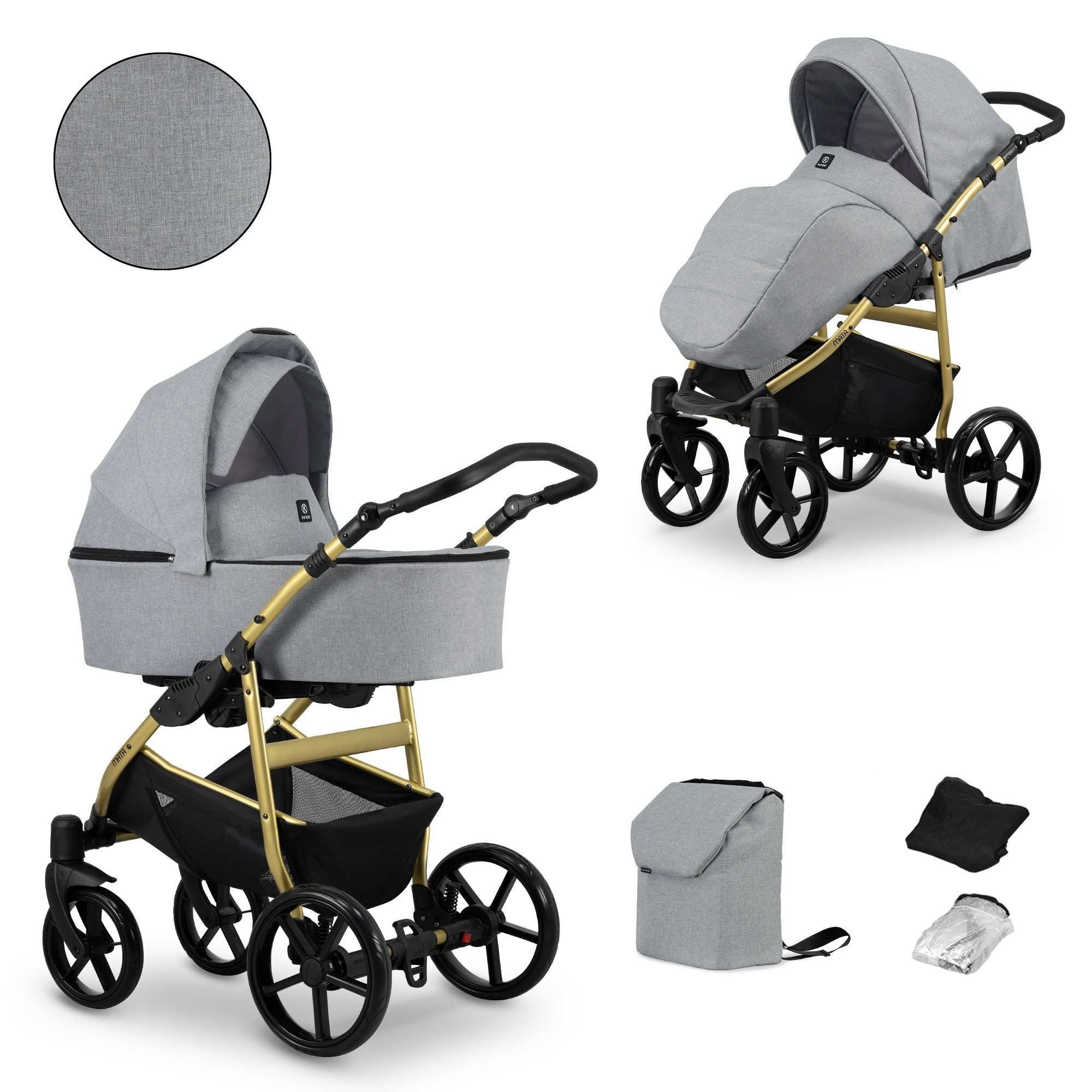 KUNERT Kombi-Kinderwagen MATA 2 in1 Kinderwagen mit Goldrahmen in Schwarz für Komfort, Aluminiumrahmen, verstellbarer Griff aus ökologischem Leder