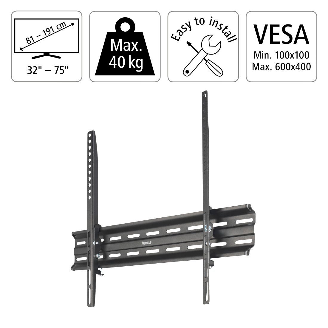 Hama TV-Wandhalterung Wandhalterung (neigbar,32" - 75", VESA 600x 400), (bis 75 Zoll)