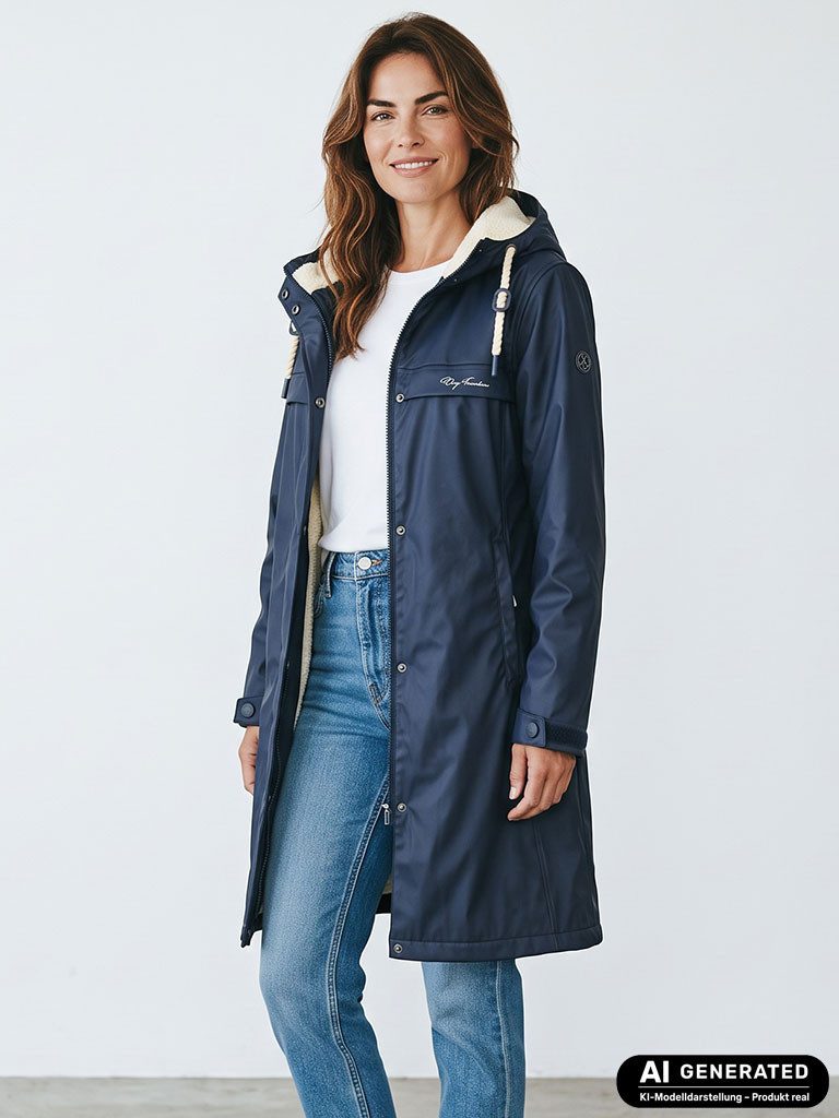 Dry Fashion Regenmantel Oslo Damen PU-Mantel Teddy-Fleece-Futter - Regenjacke Outdoor-Jacke Wind- & wasserdicht, Verschweißte Nähte, 2-Wege-Reißverschluss, Kapuze