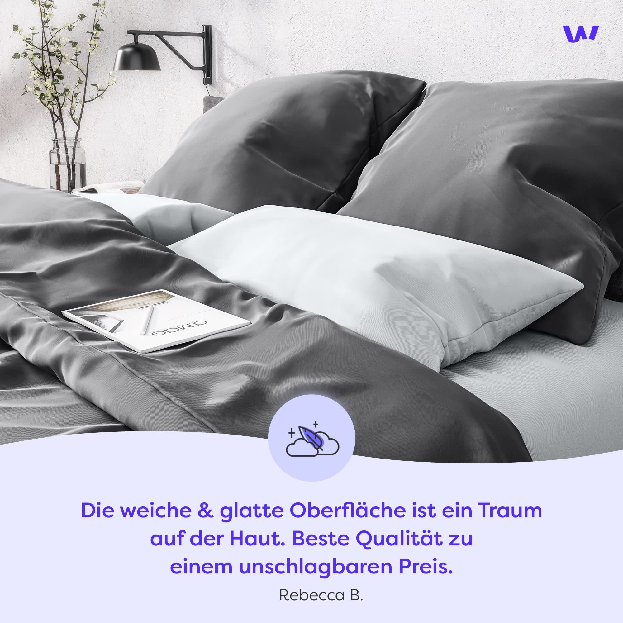Wolkenfeld Bettwäsche aus Satin Baumwolle - Traumhaft weiche Mako Satin Bettwäsche-Sets, 3 teilig, 1x Bettbezug + 2X Kissenbezug 80x80