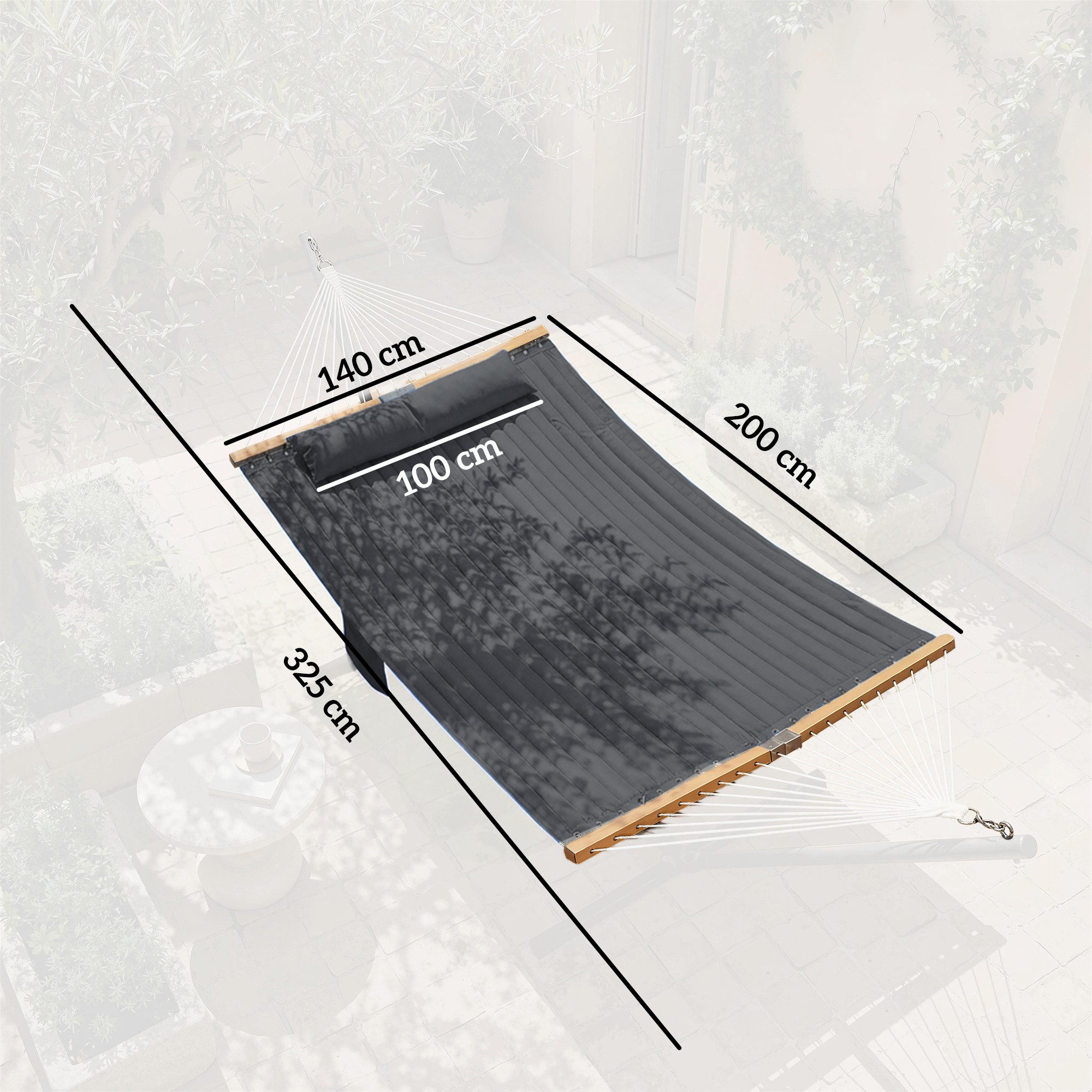 Outsunny Hängematte Outdoor 200x140cm, mit Kopfstütze Magazintasche Holzstäbe, bis 200kg (zweilagig, 1 St., Doppelhängematte), für Garten, Balkon, Terrasse Grau