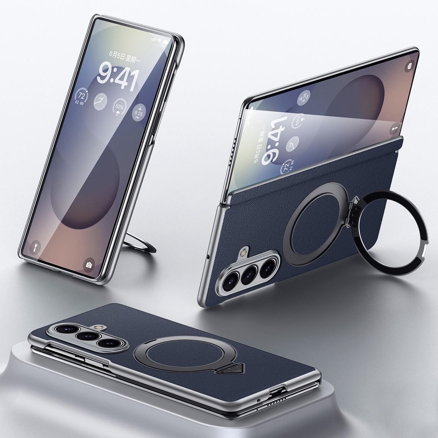 Wigento Handyhülle Für Samsung Galaxy Z Fold7 5G Leder MagSafe Ring Halter Hülle Blau, Hochwertiges Leder, MagSafe-kompatibel, Halter integriert