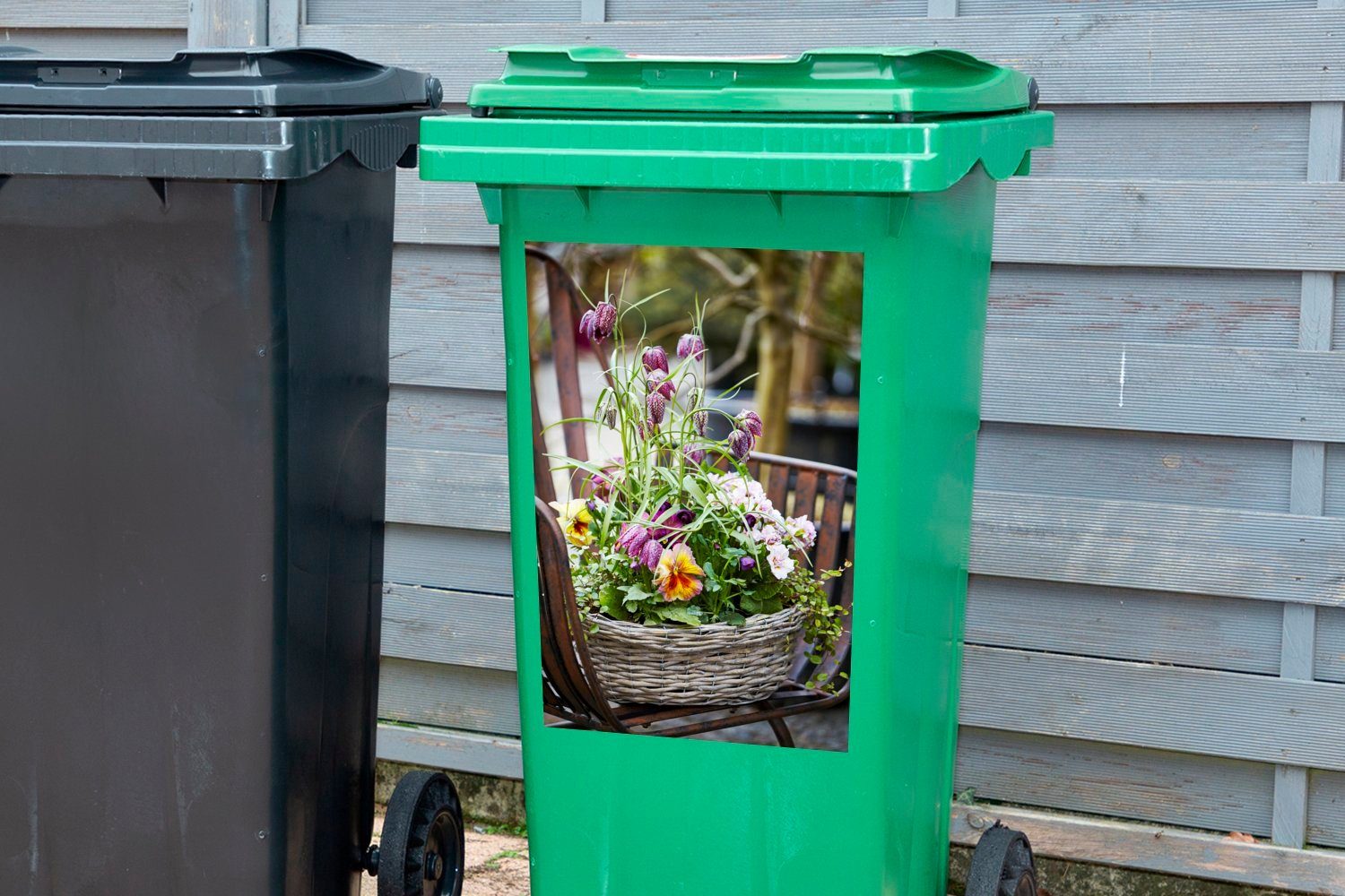 MuchoWow Wandsticker Blumen St), Farben - - Korb Mülleimer-aufkleber, (1 Sticker, Mülltonne, Abfalbehälter Container