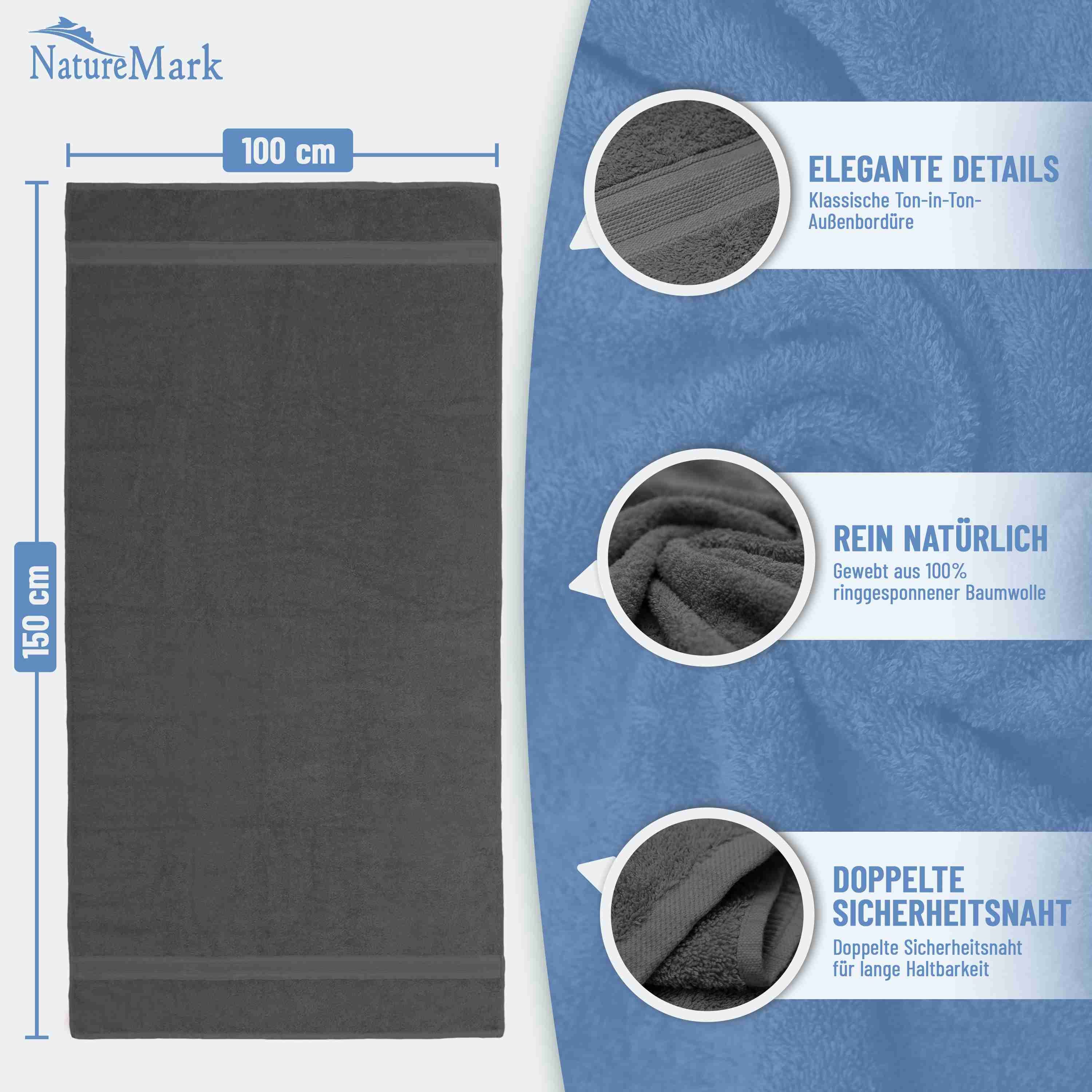 NatureMark Badetuch 2er-Set Frottier Badetücher 100x150cm, 100% Baumwolle (2-St), Premium Qualität, BADETUCH, Bade-Handtuch, 100x150cm, Anthrazit grau