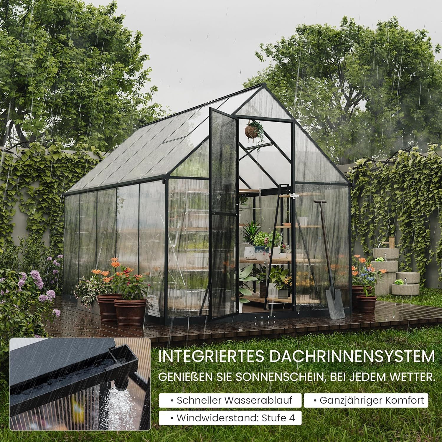GOTLAND Gewächshaus Polycarbonat Gewächshaus mit abschließbarer Tür, Satteldach, mit Lüftungsfenster & Regenrinnen, Wetterfest für Terrasse & Garten