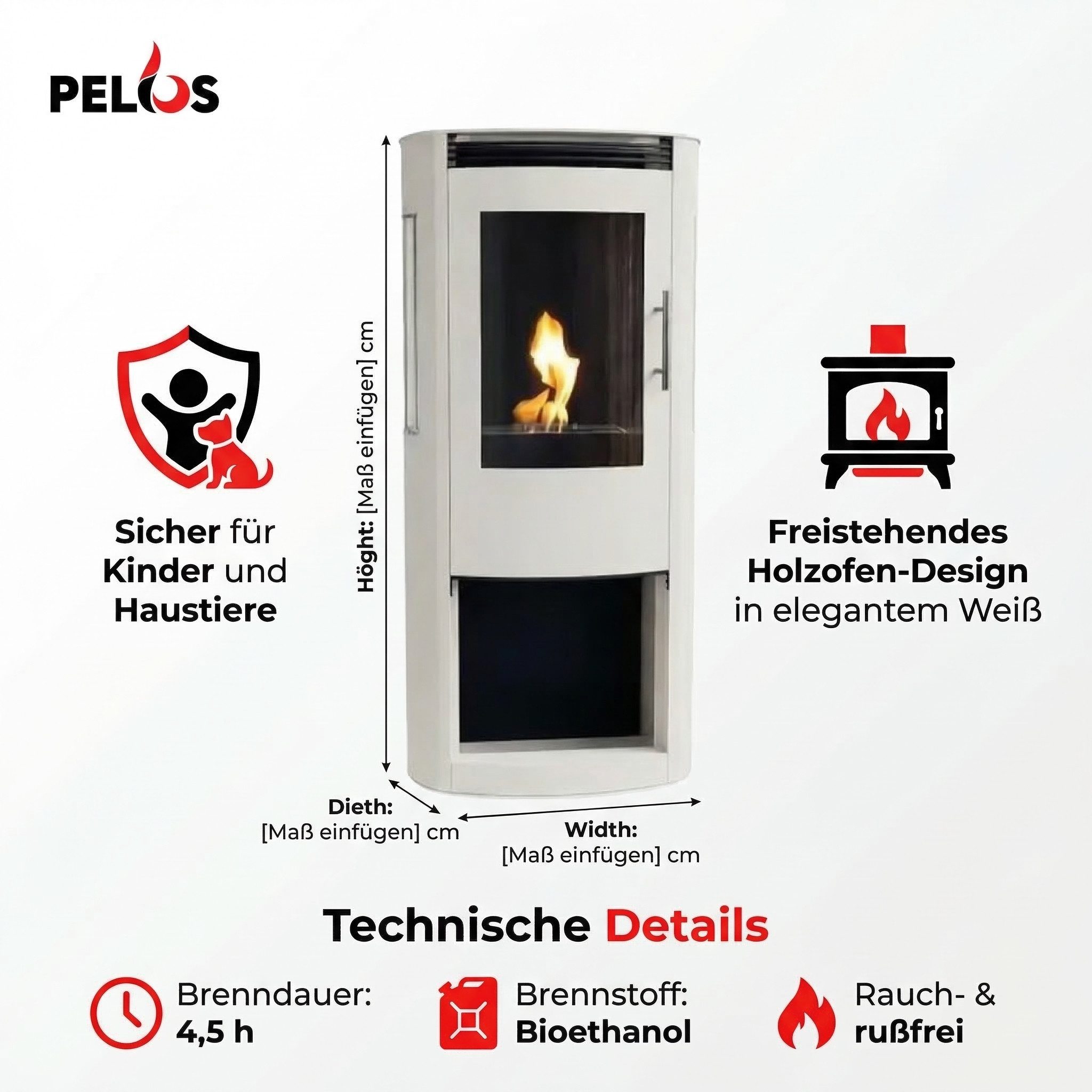 ScandiFlames Kaminofen Lincoln Ethanolkamin weiß oder schwarz, 1,9 kW, Bio-Ethanol, Standkamin