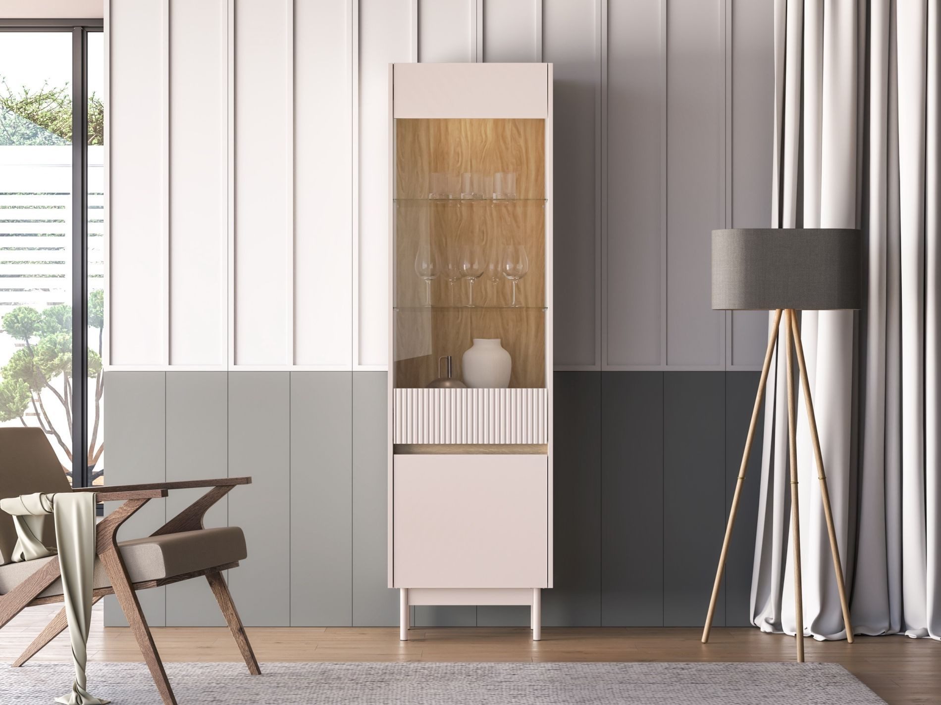 Selsey Standvitrine DUNEA Vitrine in Kaschmir & Eiche-Optik, LED, Soft-Close, 193 cm hoch