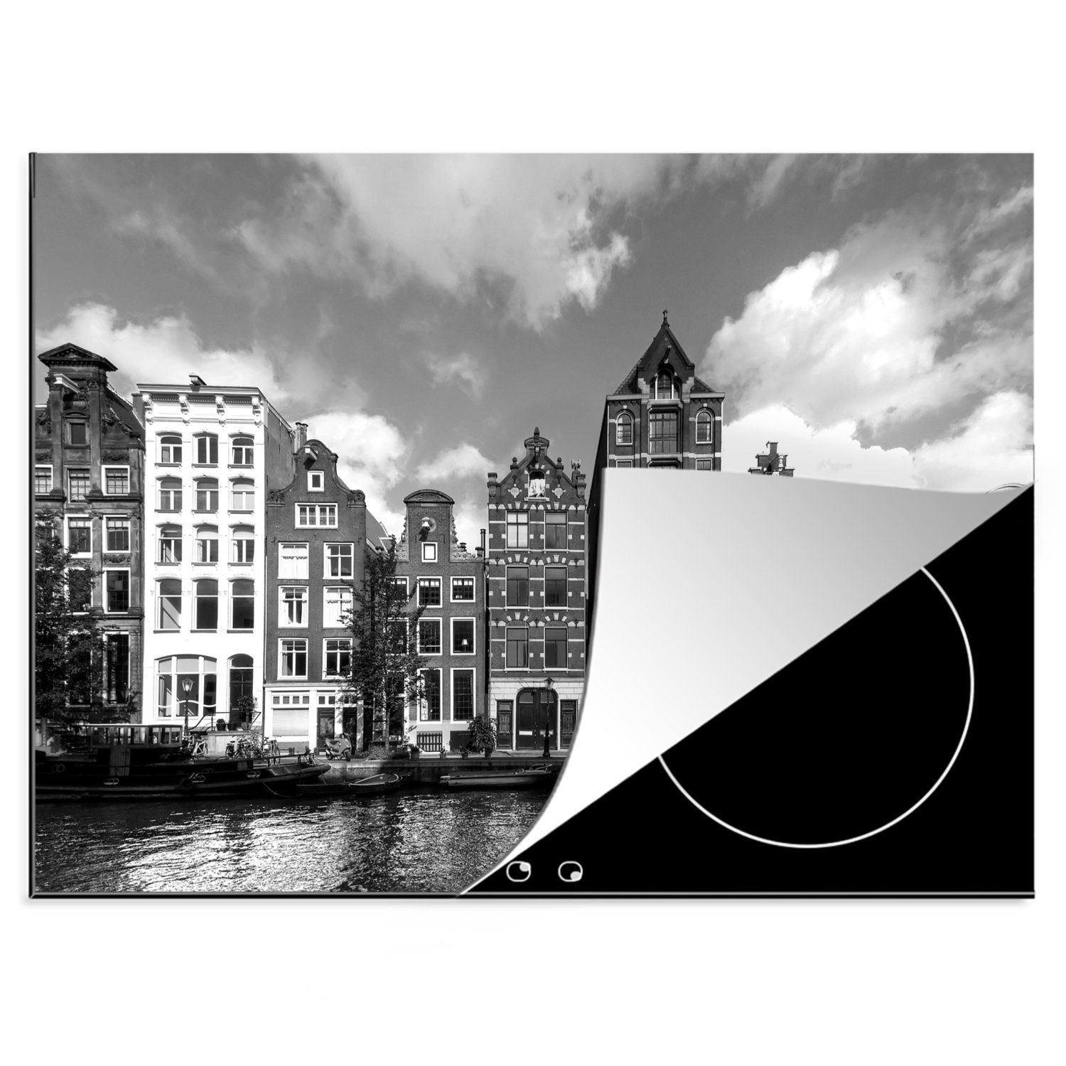 MuchoWow Herdblende-/Abdeckplatte Herengracht in Amsterdam - schwarz und weiß, Vinyl, (1 tlg), 70x52 cm, Mobile Arbeitsfläche nutzbar, Ceranfeldabdeckung