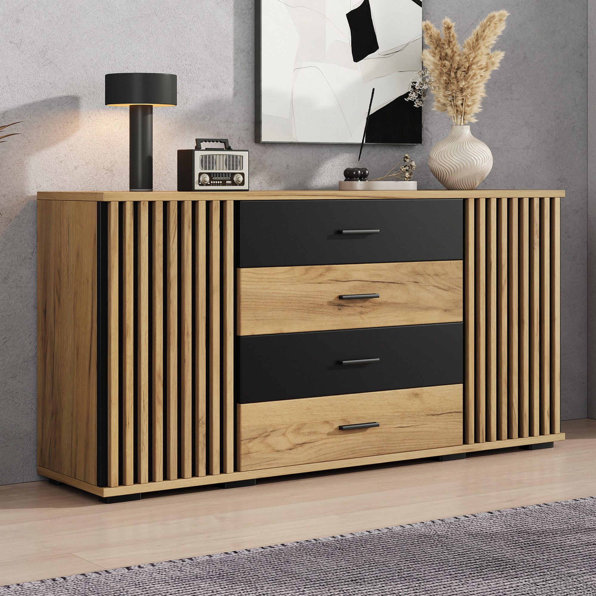 Merax Sideboard mit 4 Schubladen, 2 Türen, verstellbaren Einlegeböden & Stauraum (Wohnzimmerschrank 140x35x70cm, 1 St), Kommode mit vertikaler Rillenoptik & Eiche-Schwarz Design