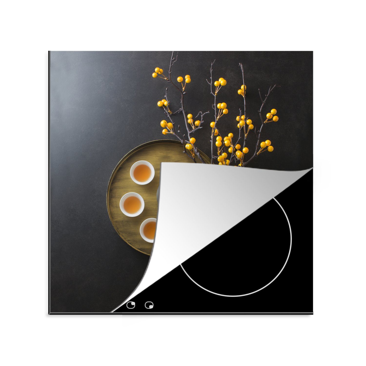 MuchoWow Herdblende-/Abdeckplatte Stilleben - Tee - Beere, Vinyl, (1 tlg), 78x78 cm, Ceranfeldabdeckung, Arbeitsplatte für küche