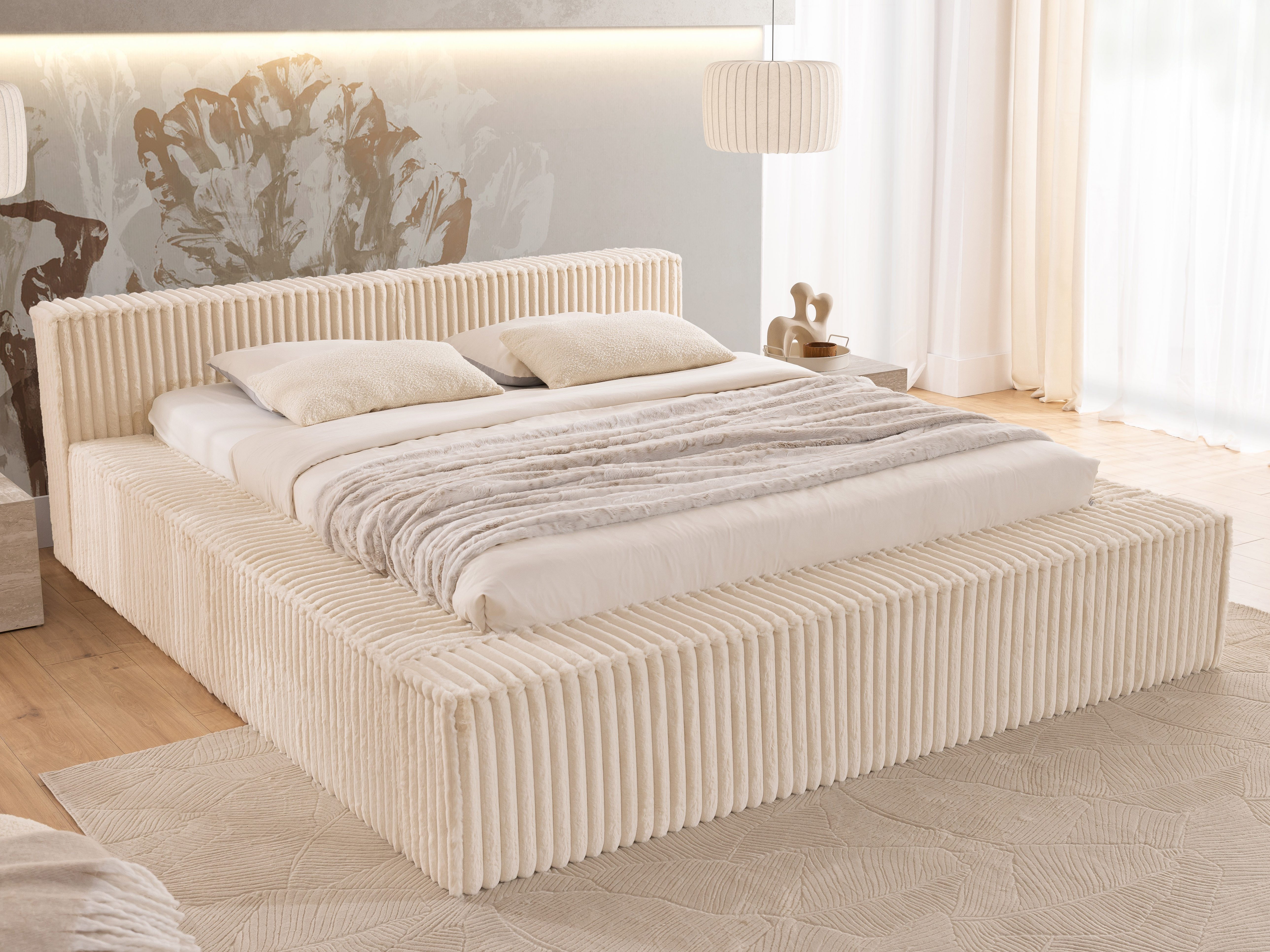 S-Style Möbel Polsterbett Noord aus Plüschcord mit Lattenrost und großem Be günstig online kaufen