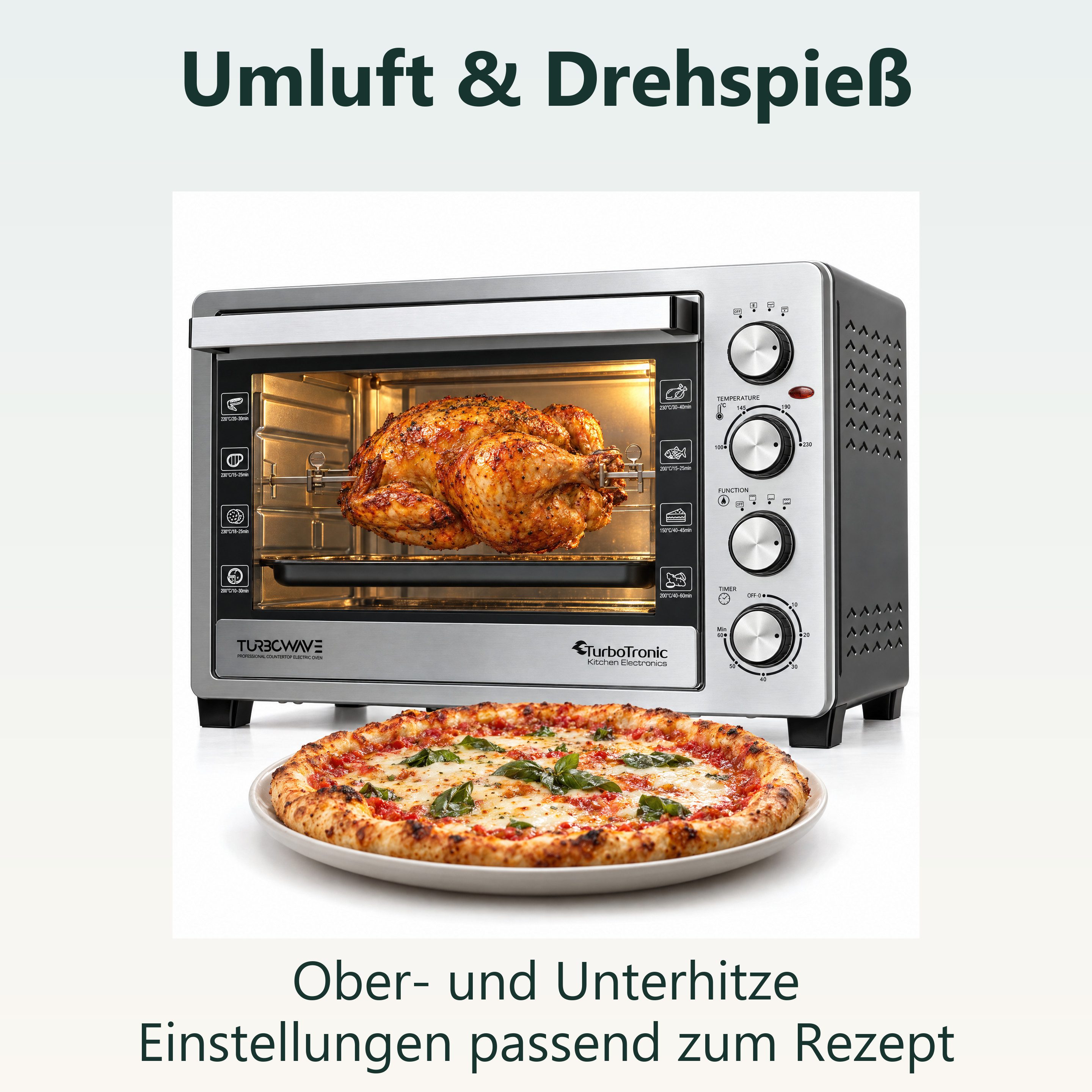 TurboTronic by Z-Line Minibackofen 2000 W 38 l Mini Backofen mit Umluft Drehspieß Grill Pizzaofen Timer, Tischbackofen mit Umluft, kleiner Backofen, Mini Ofen,  – Bild 4 von 5