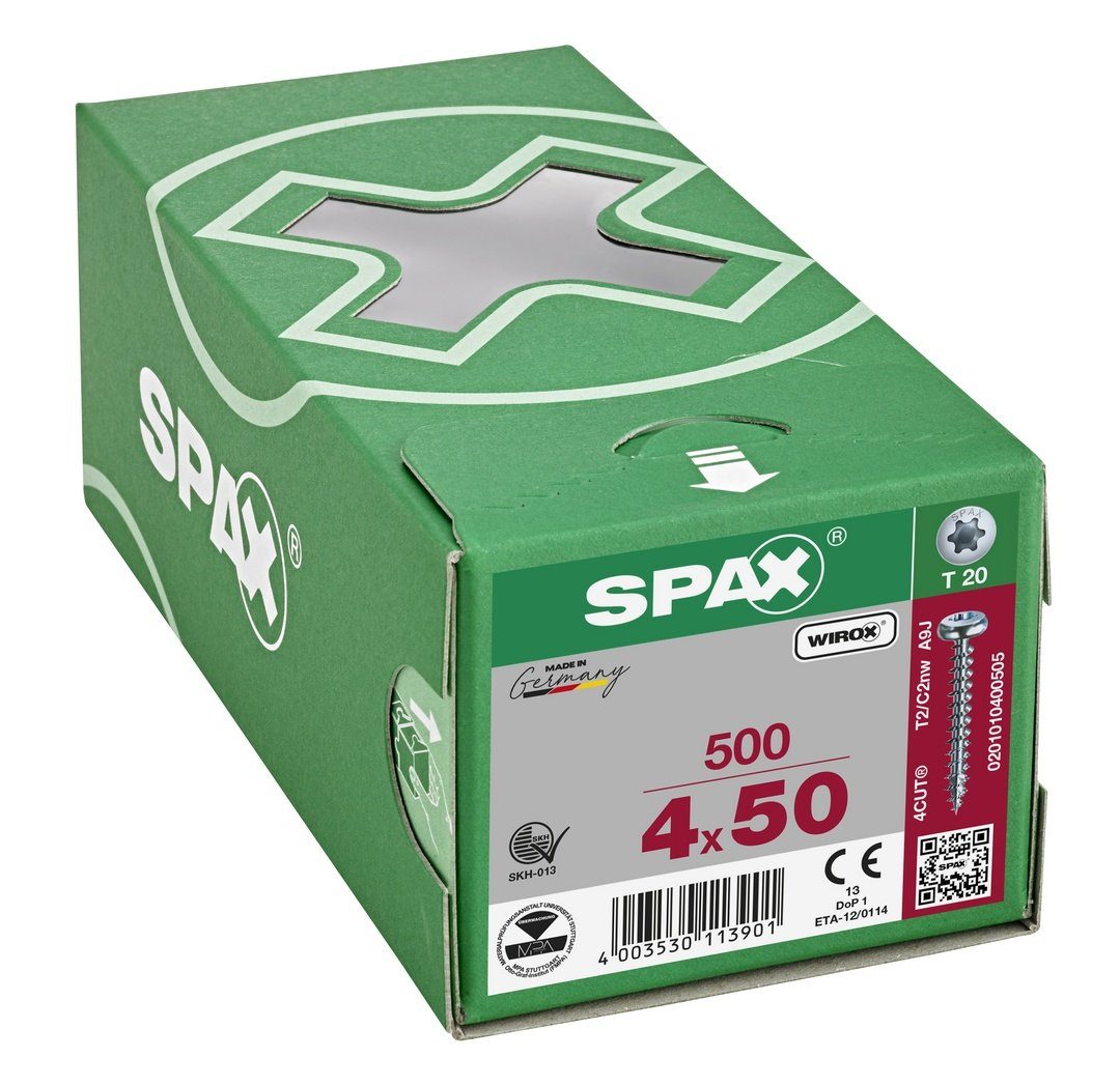 SPAX Spanplattenschraube Universalschraube, 500 4x50 St), verzinkt, weiß mm (Stahl