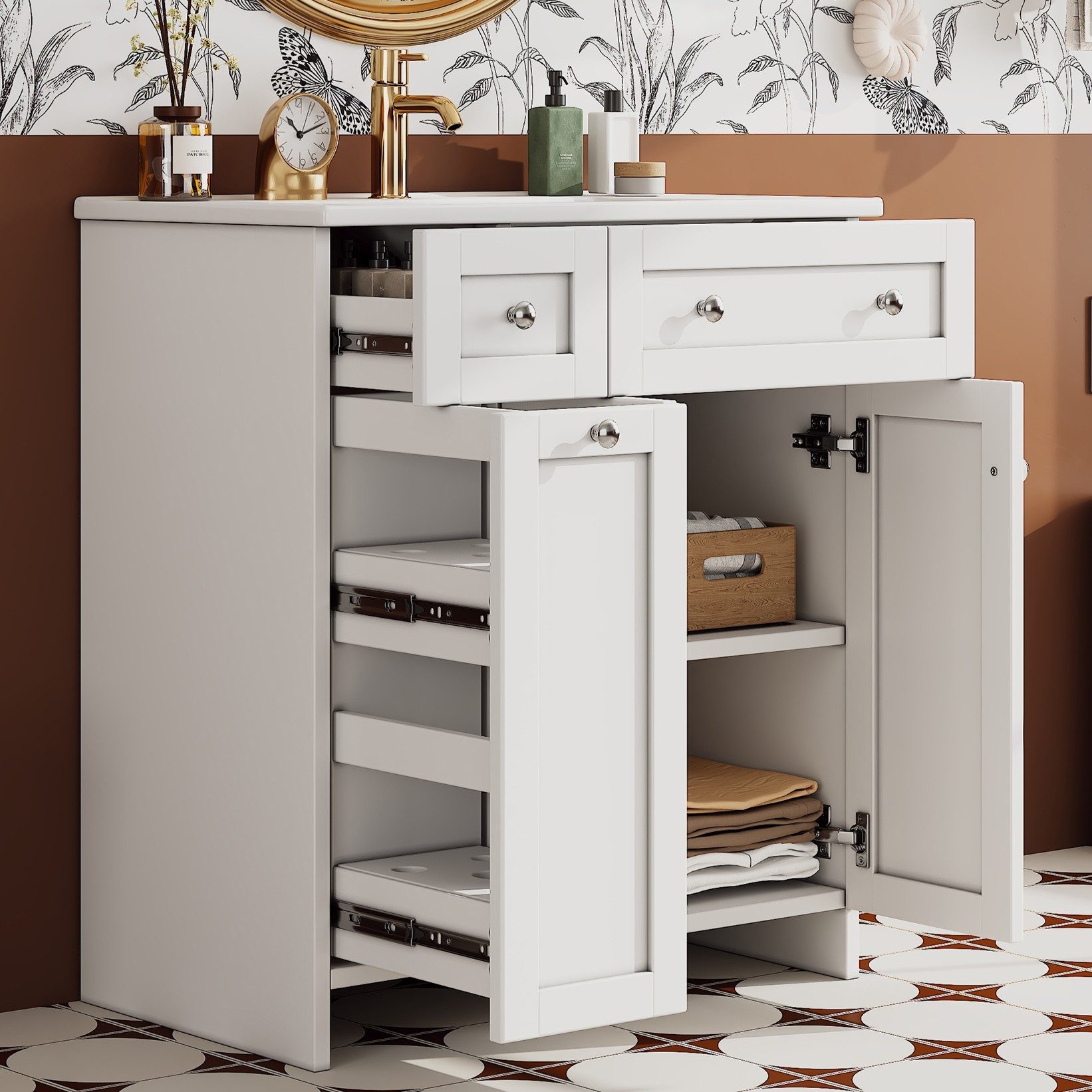 Flieks Waschtisch mit ausziehbarer Ablagen Waschbeckenunterschrank mit Waschbecken (B76/T47/H86 cm, 1-St., bodenstehend, Badschrank Waschplatz Badzimmer, lackie – Bild 4 von 5