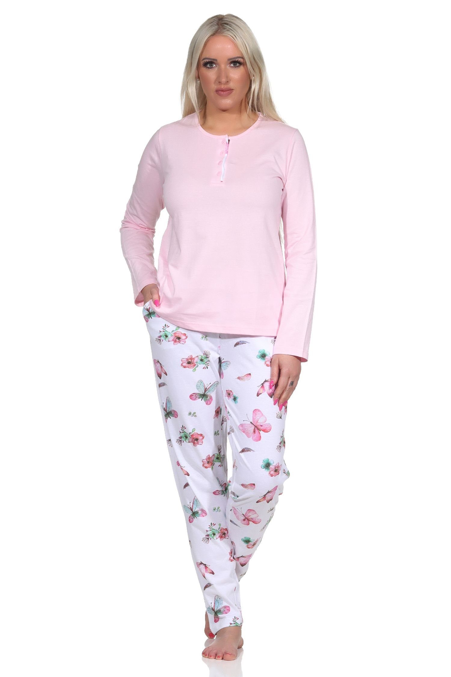 Normann Pyjama Damen Schlafanzug lang mit Pyjamahose in floralem Schmetterlings Look rosa