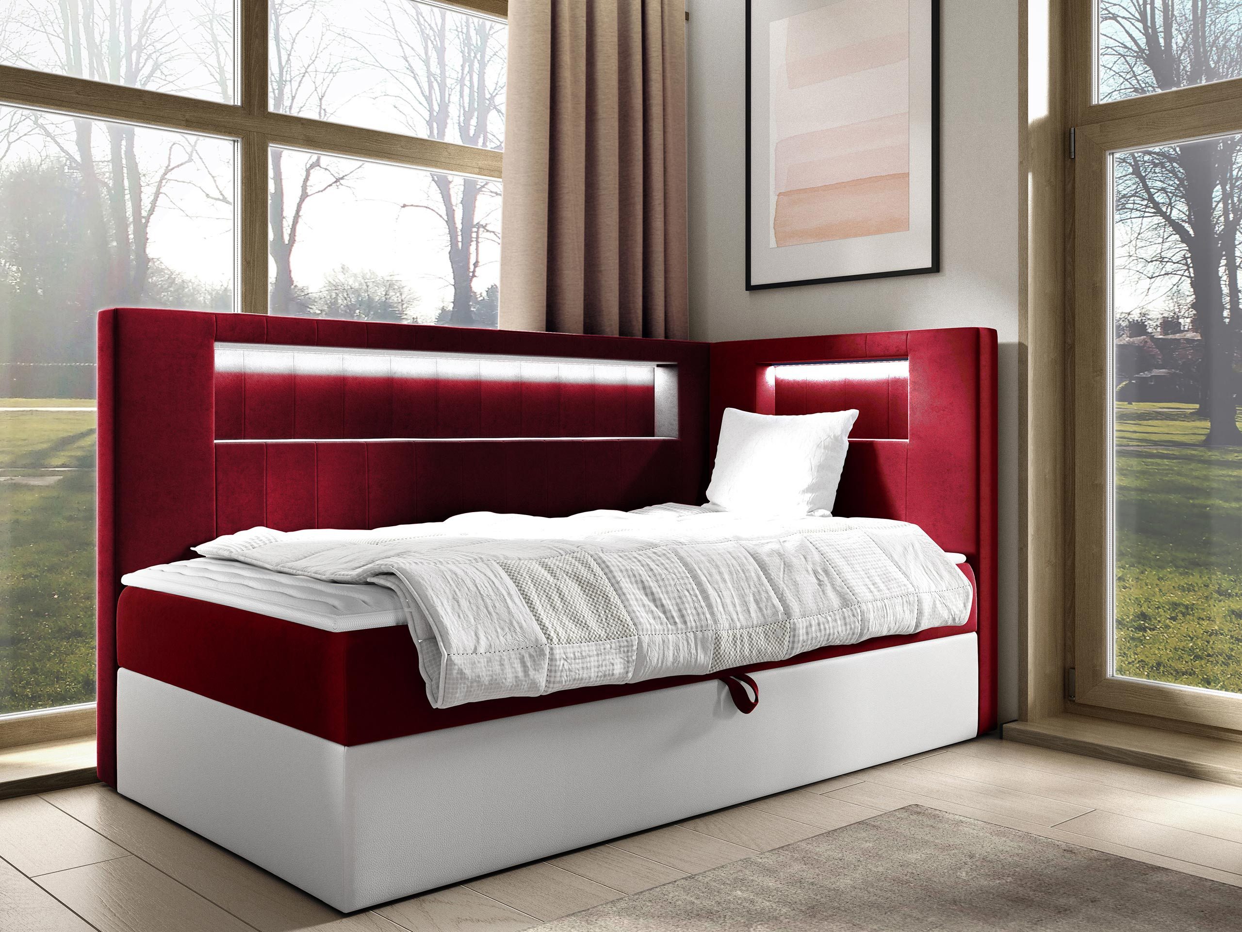 MIRJAN24 Boxspringbett Gold Junior 3 (mit Bettkasten, Polsterkopfteil und Beleuchtung), mit Bonellfederkern, Härtegrad - H3