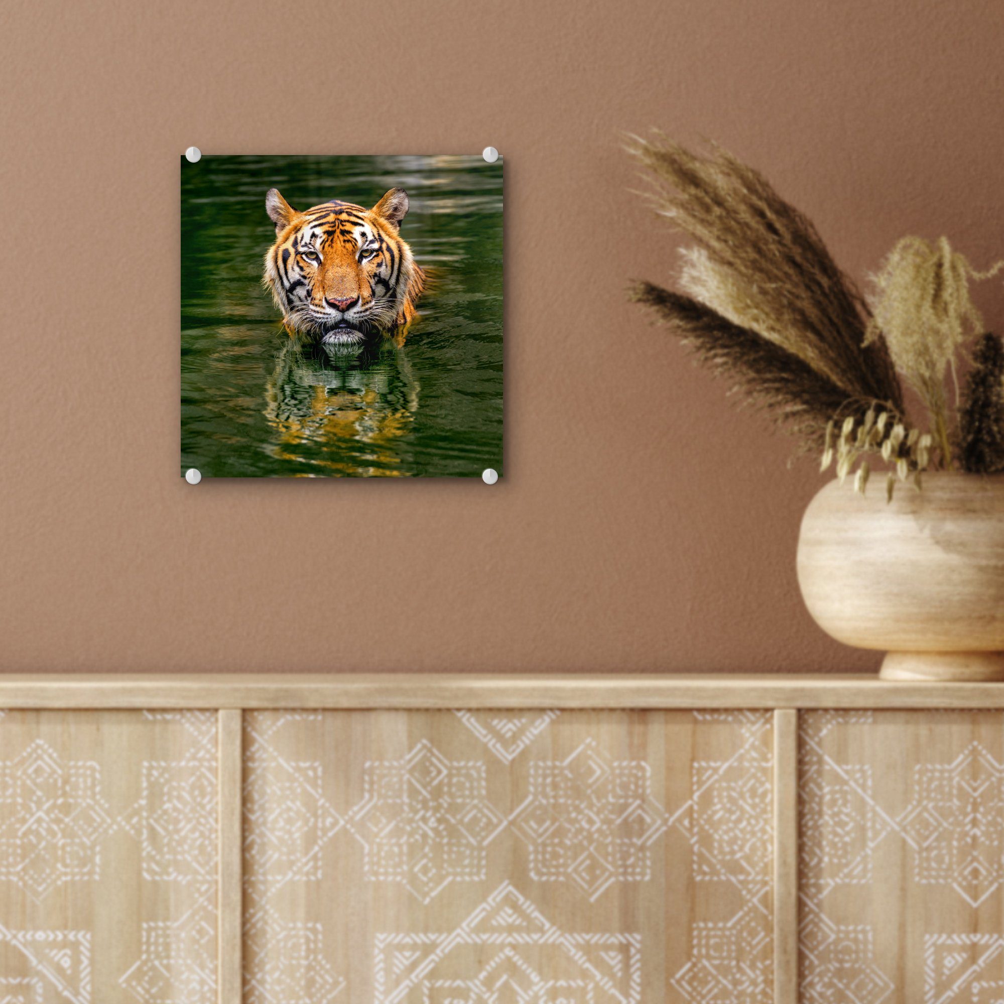 Foto auf im (1 - - Wandbild St), Glas - MuchoWow Tiger Wanddekoration Acrylglasbild Glas Bilder Wasser, Glasbilder auf