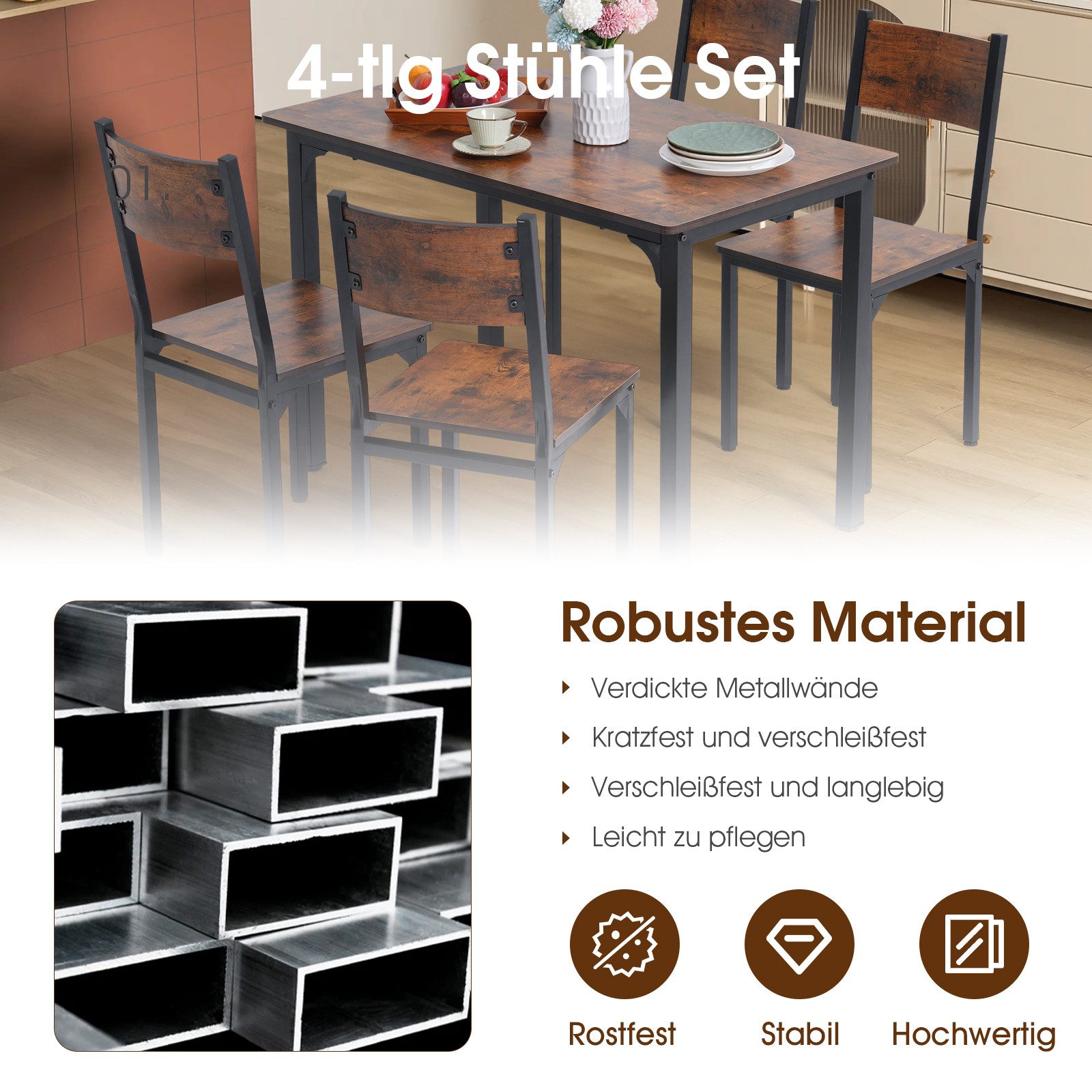 Sunsitt Bistrostuhl Küchenstuhl Set 4 Stück Industriestil vintage (Esstischstuhl mit Rücklehne aus Metall & MDF, 4 St), Braun Schwarz - 37x41x86 cm