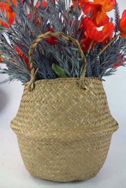Kunstblumenstrauß Kunstpflanze im Seegras Korb künstlicher Strauß Blumenstrauß Mohn, Arnusa, Höhe 45 cm, wie echt Kunstpflanze künstliche Pflaze