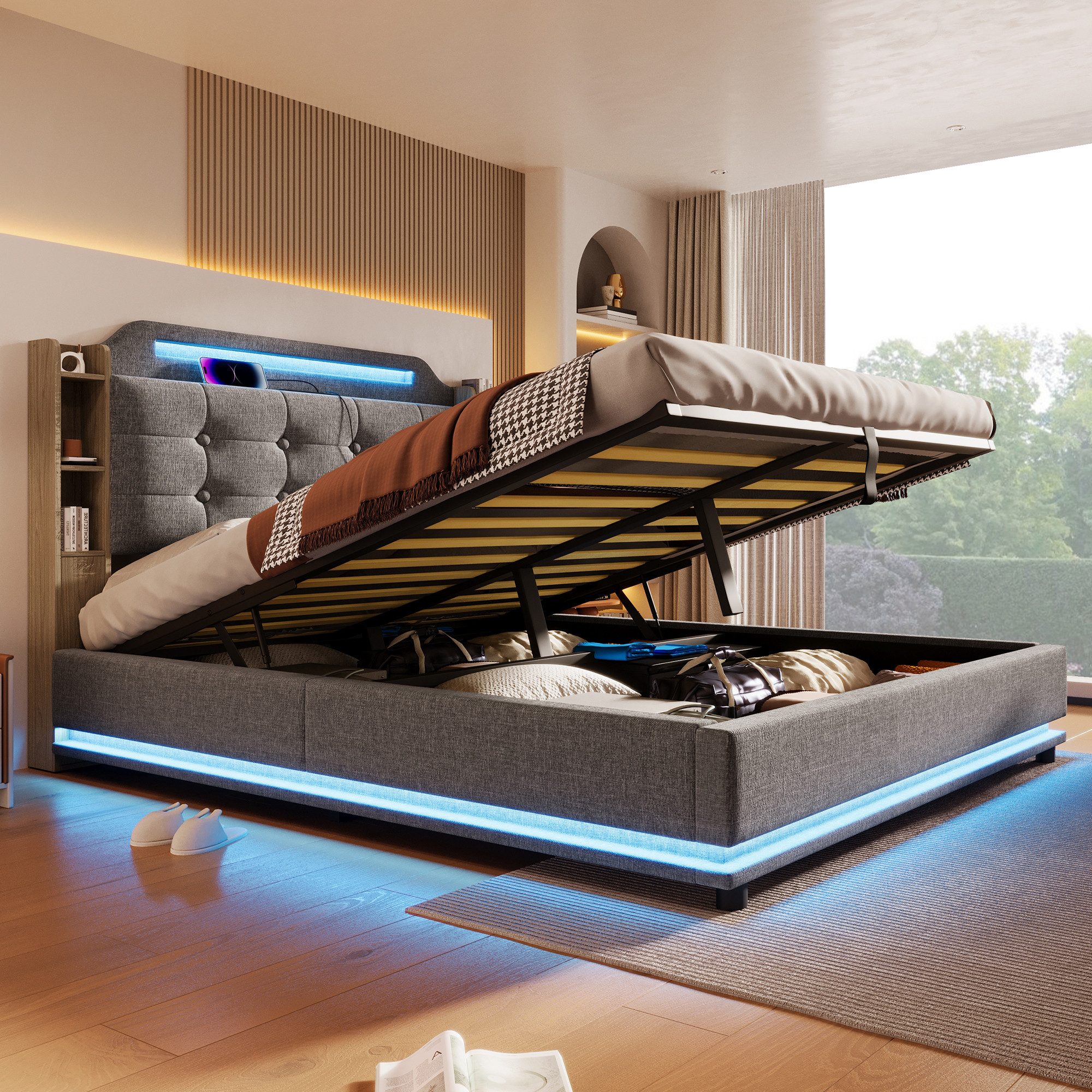 TavilaEcon Boxspringbett aus Leinenstoff und MDF-Umweltplatten, günstig online kaufen