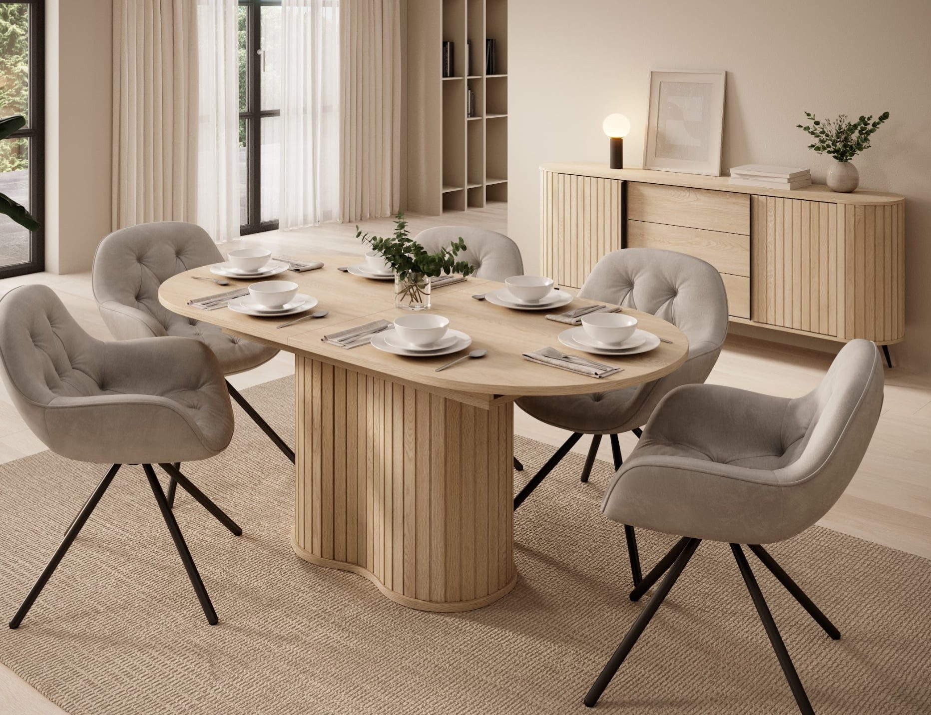 Compleo Esstisch Eiche cremona, kegelförmige Basis, Design-Rundtisch mit Lamellen (Oval), ausziehbar 180-220 cm