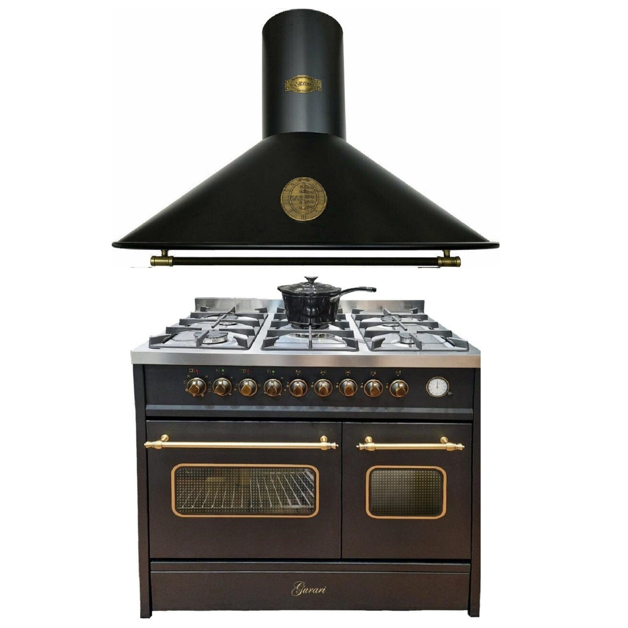 GURARI Gas-Standherd Retro Gas Elektro Standherd 90 cm, Range Coocker in Schwarz mit zwei Backöfen+Dunstabzugshaube Umluft/Abluft • 910 m³/h • 90 cm GCH E 916 BL R+A 9423 ECO, mit 1-fach-Teleskopauszug, Retro Gas Elektro Standherd 90 cm+Dunstabzugshaube 90 cm