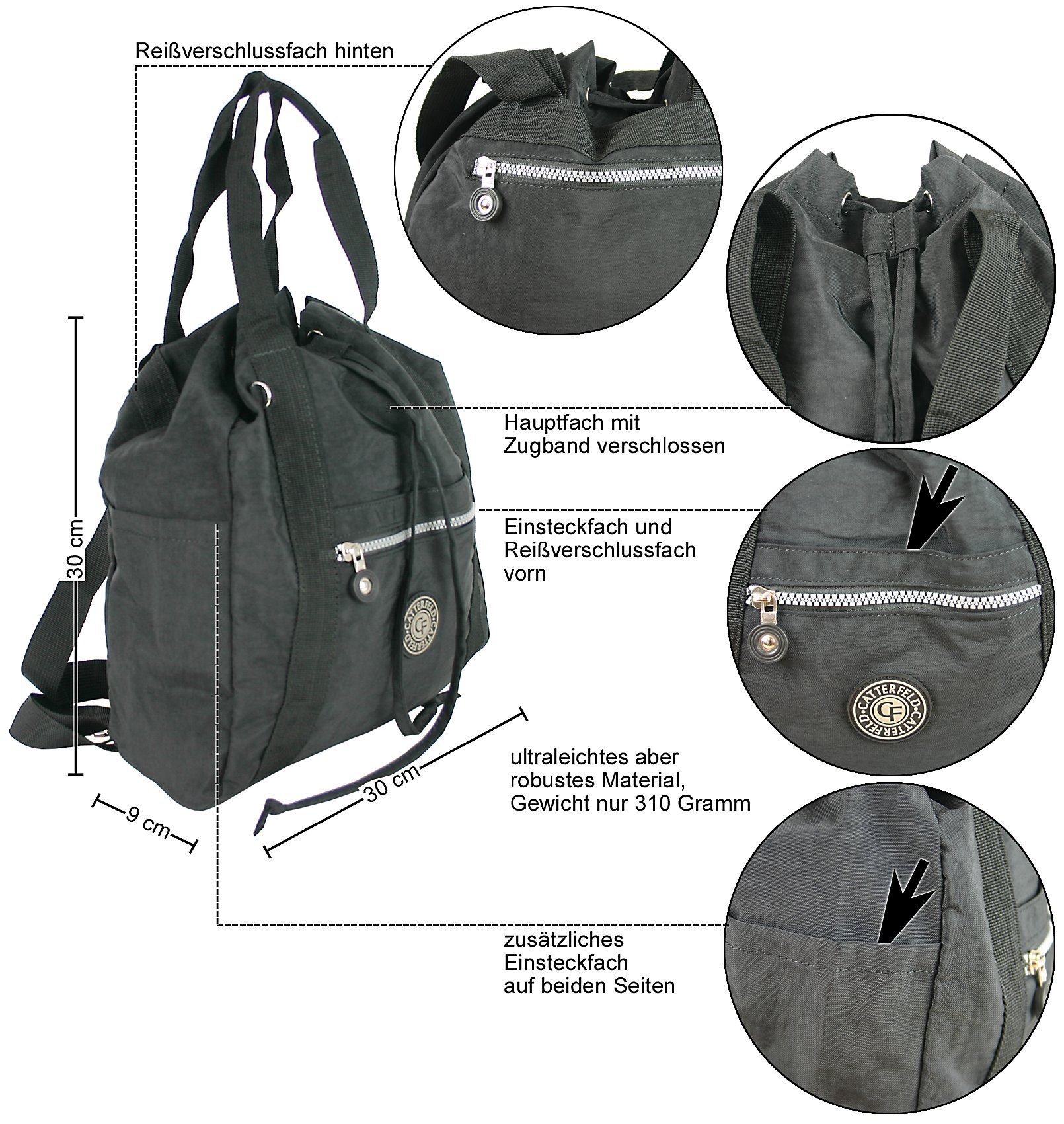 CF CATTERFELD Schwarz Handtasche 2in1 Cityrucksack Freizeitrucksack/Schultertasche, in Leicht Einem, und leichter