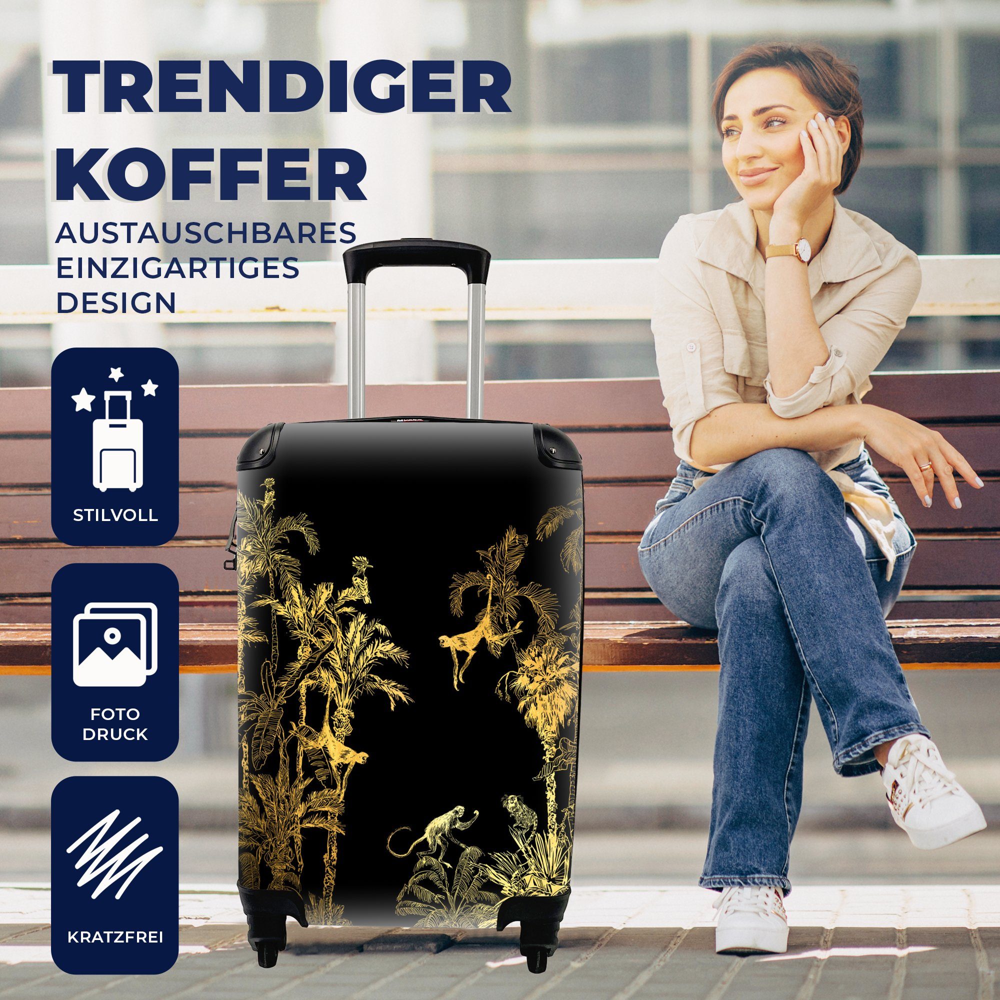 Trolley, - Reisetasche Dschungel Rollen, rollen, 4 Handgepäck Handgepäckkoffer mit für Reisekoffer Ferien, Gold, MuchoWow - Affe