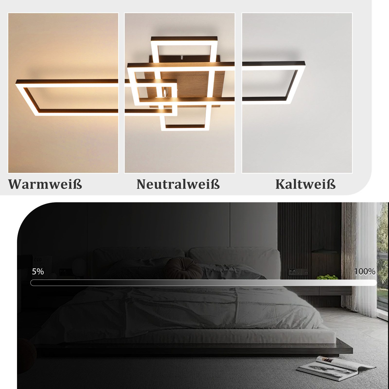 ZMH LED Deckenleuchte Schwarz/Silber, 36 W, dimmbar, 3000-6500 K, CCT, LED fest integriert, rechteckige Deckenlampe mit Fernbedienung für Wohnzimmer