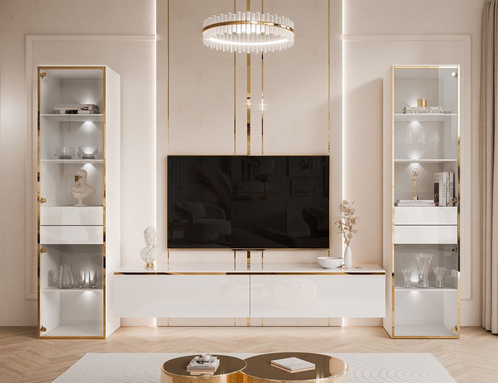 ALLHOUSE24 Wohnzimmer-Set Möbelset PEONY GOLD mit LED weiß Hochglanz Glasvi günstig online kaufen