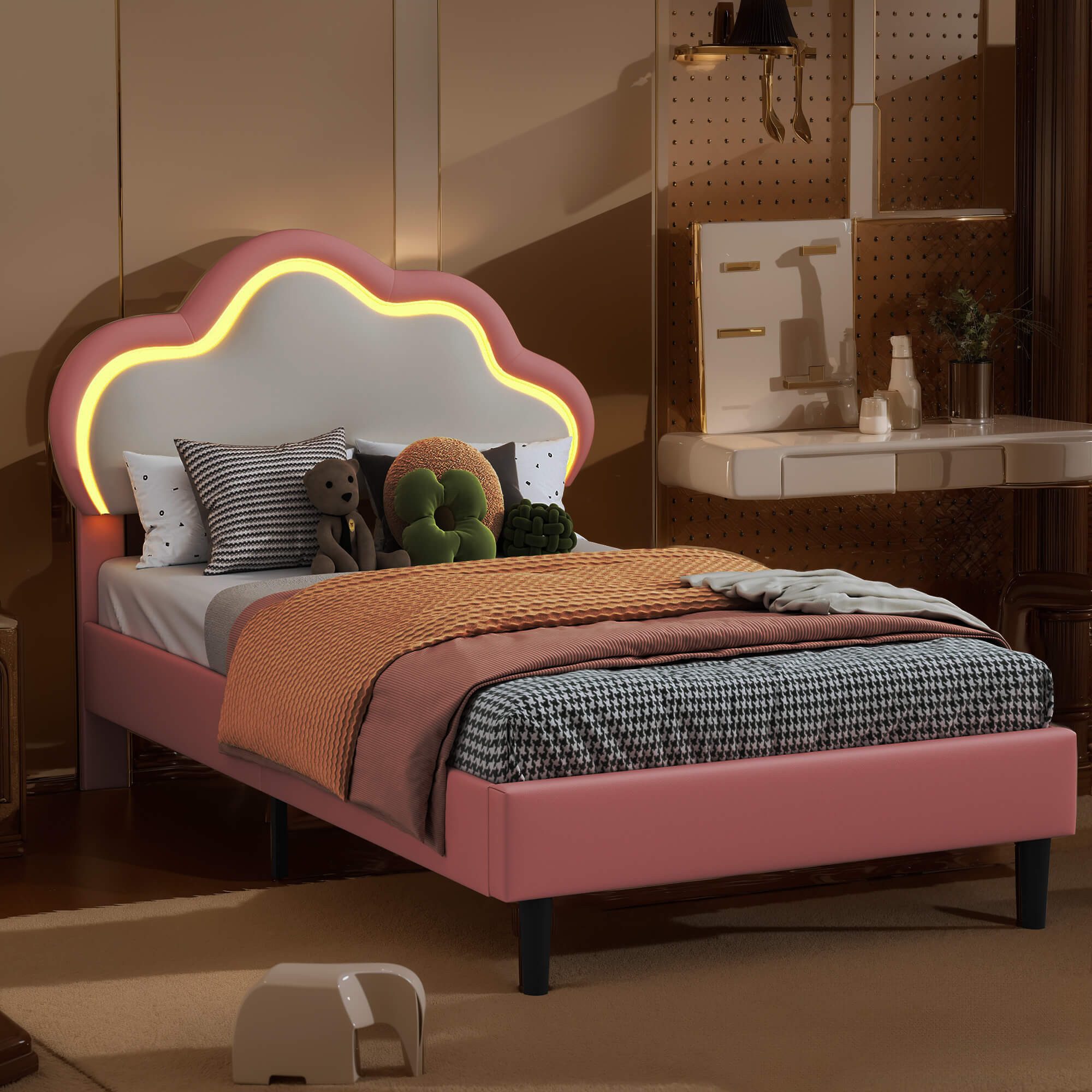 Furnishings Home Polsterbett Jugendbett Wolkenbett mit LED-Licht (Bett), Hausbett, mit Lattenrost, Kunstleder, 90x200 cm – Bild 4 von 5