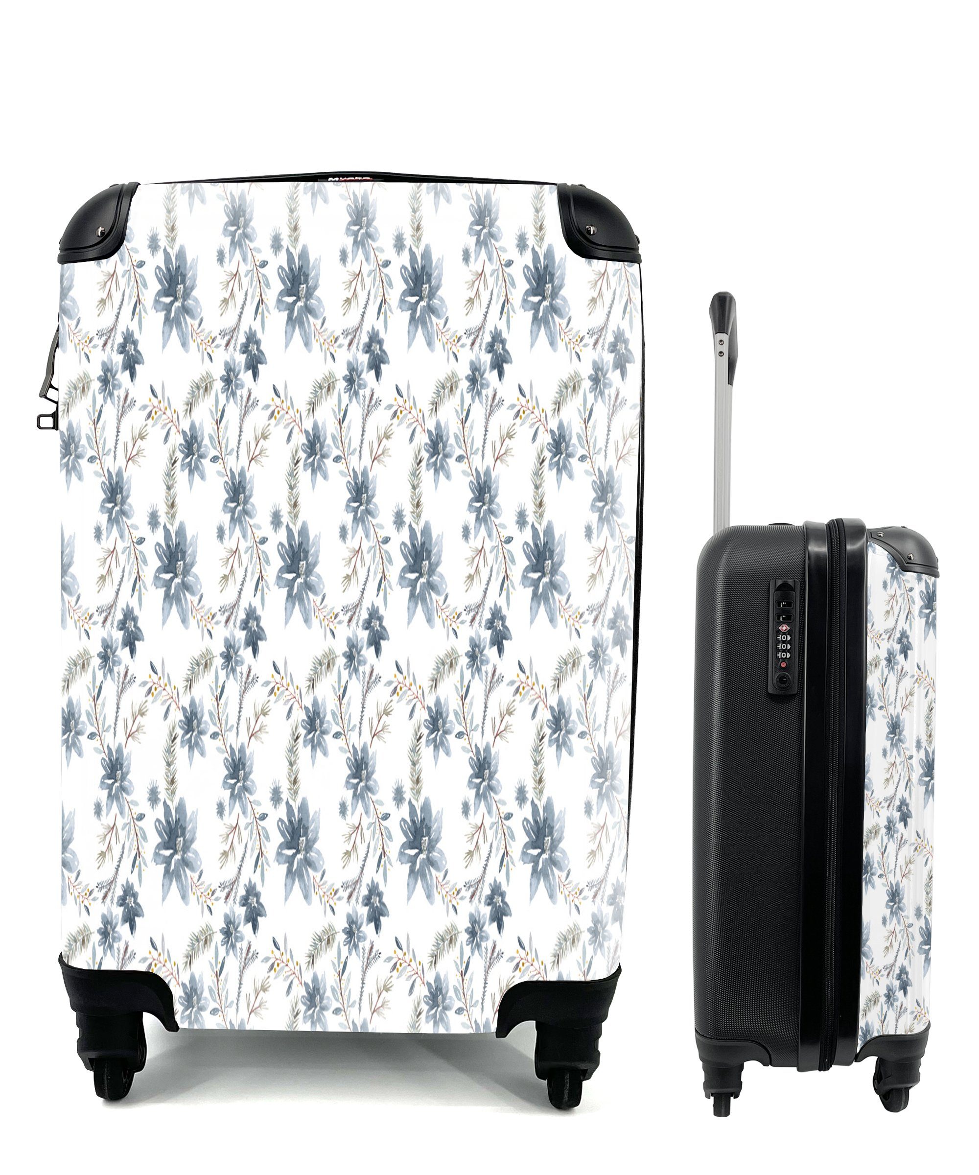 MuchoWow Handgepäckkoffer Blumen - Muster - Blau, 4 Rollen, Reisetasche mit rollen, Handgepäck für Ferien, Trolley, Reisekoffer