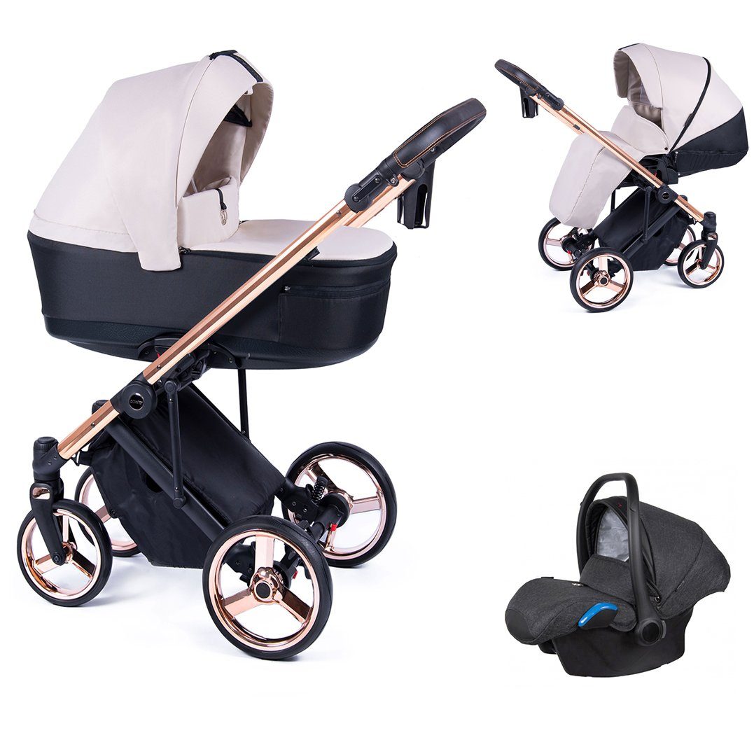 babies-on-wheels Kombi-Kinderwagen 3 in 1 Kinderwagen-Set Fado - 15 Teile - in 24 Designs Creme = Gestell gold