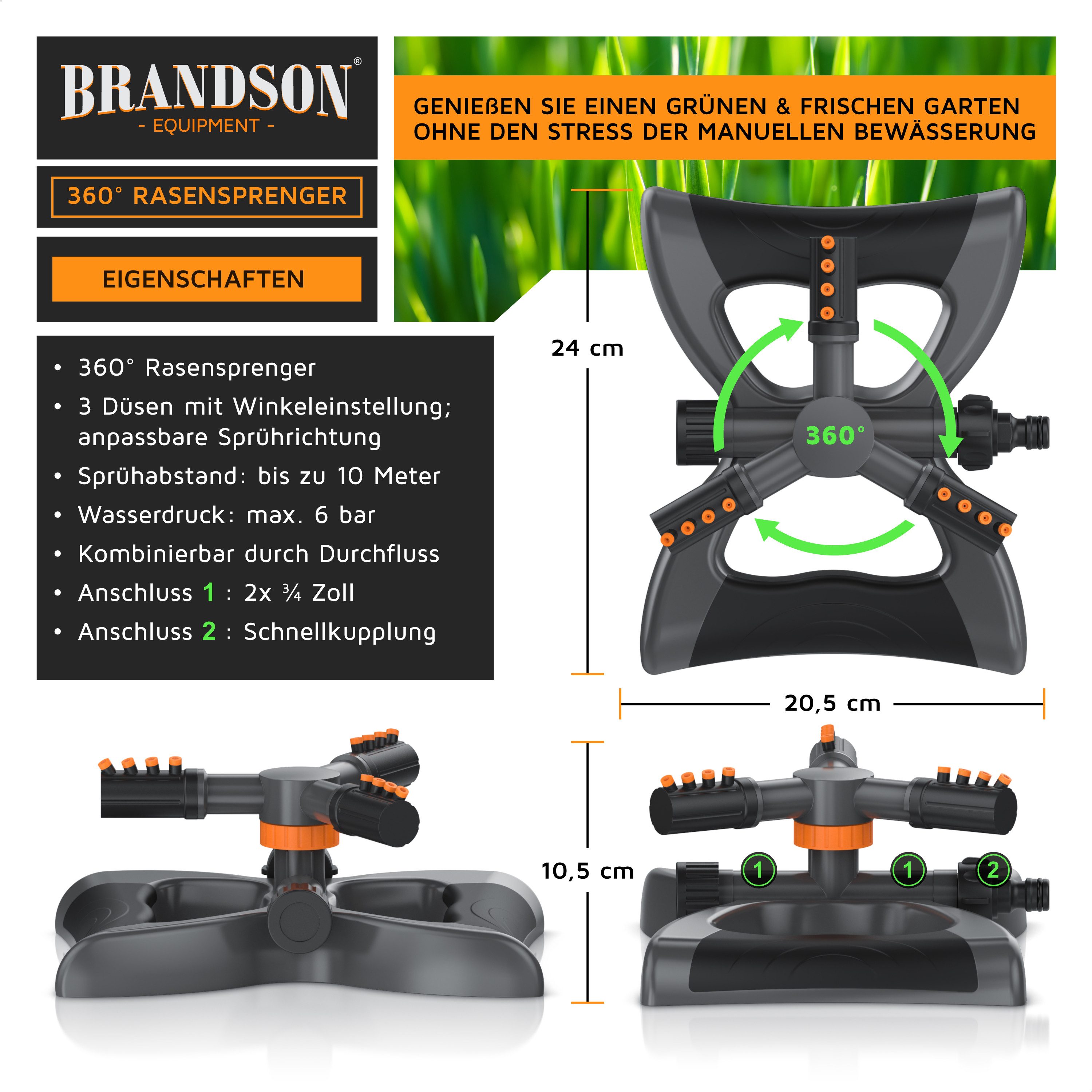 Brandson Kreisregner Garten Sprinkler, 360° Rasensprenger, 3 Arm Rasensnsprikler rotierend, für Flächen bis 314 m², (1-St), Sprenger Bewässerungssystem, Bewässerungsanlagen, Gardena kompatibel
