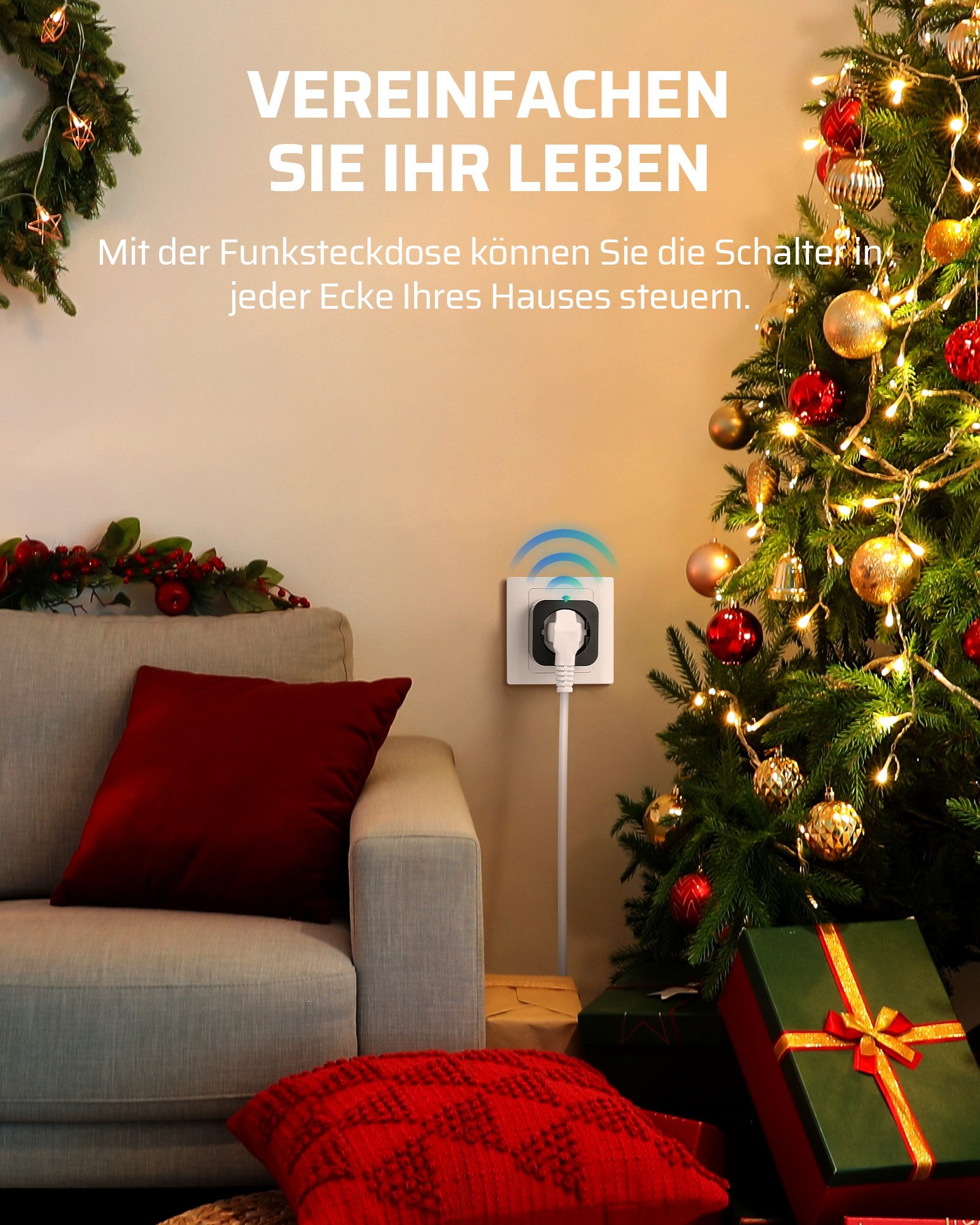 DEWENWILS Funksteckdose mit Fernbedienung, max. 3680 W, 1-St., Erweiterbarer Lichtschalter für Feiertagsdeko, 30M Reichweite