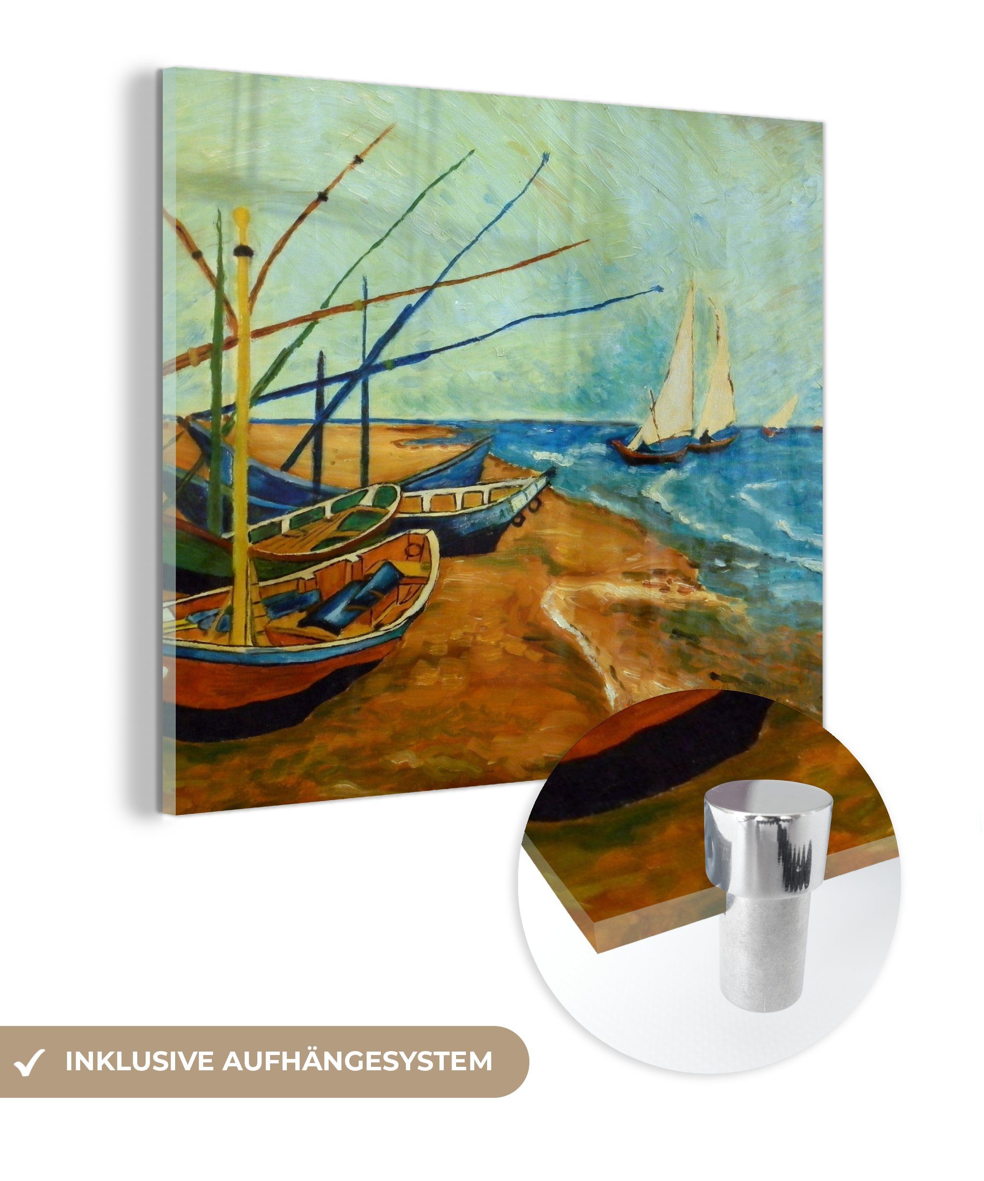MuchoWow Acrylglasbild Fischerboote am Strand - Gemälde von Vincent van Gogh, (1 St), Glasbilder - Bilder auf Glas Wandbild - Foto auf Glas - Wanddekoration