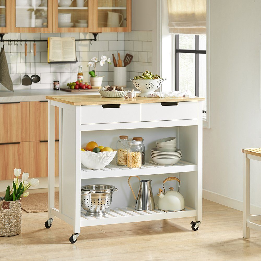 FKW74, mit Sideboard 2 Küchenschrank weiß-natur Kücheninsel Ablagen SoBuy und Schubladen Küchenwagen