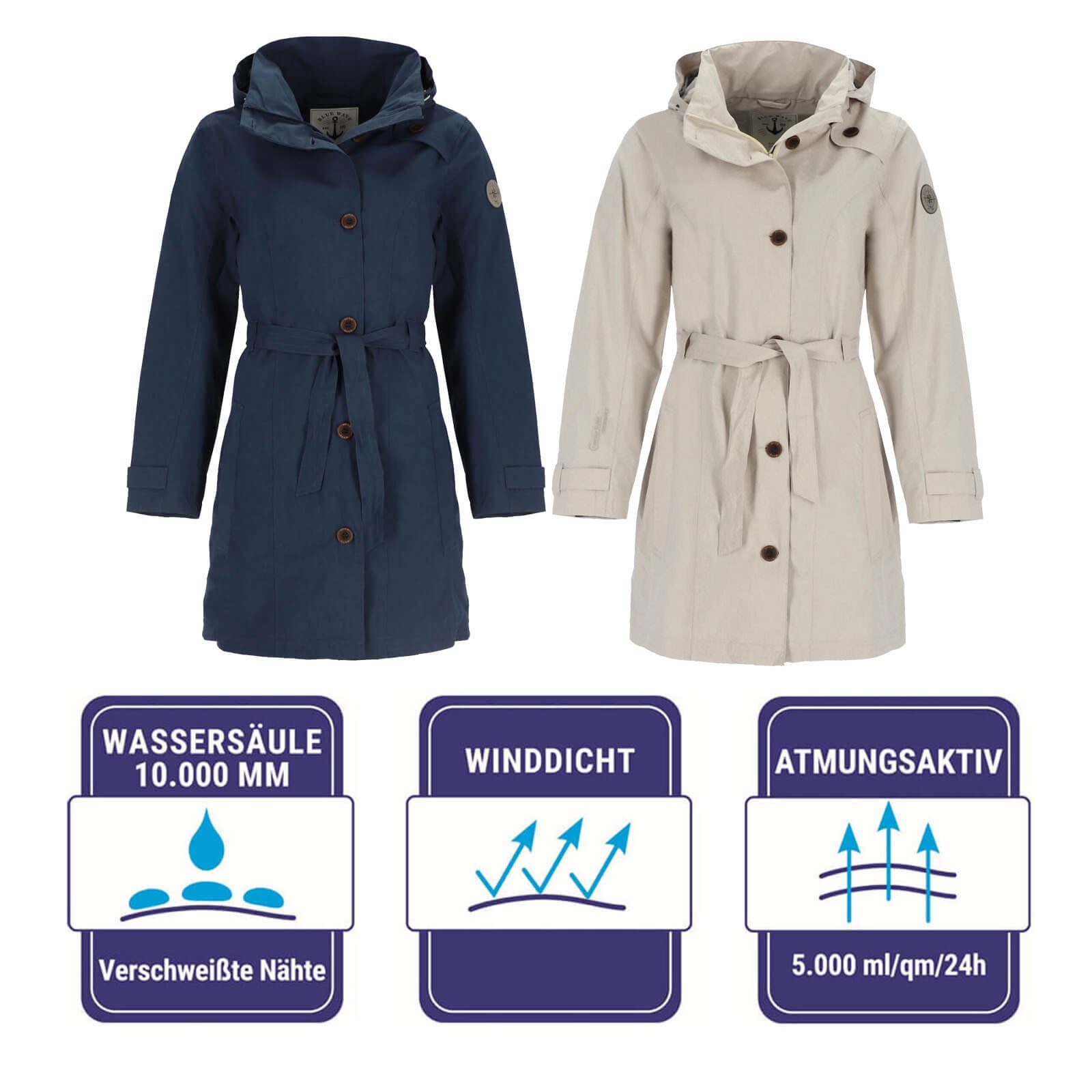 Blue Wave Funktionsmantel Jennifer Damen Funktions-Trenchcoat Jennifer - Regenjacke mit Dekorknöpfen