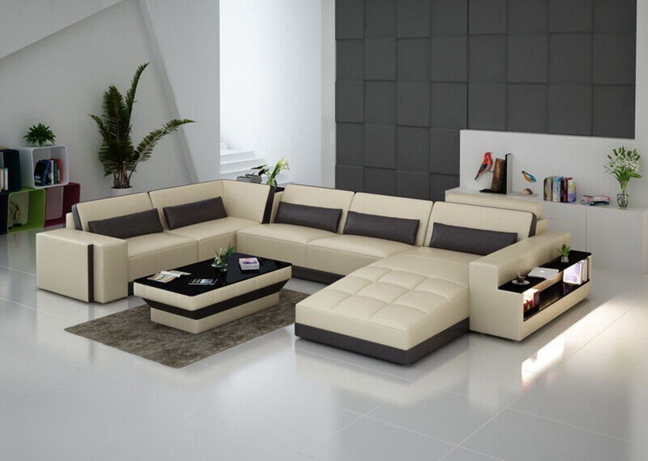 JVmoebel Ecksofa Ledersofa Couch Wohnlandschaft Ecksofa Garnitur Design Modern Sofa Beige