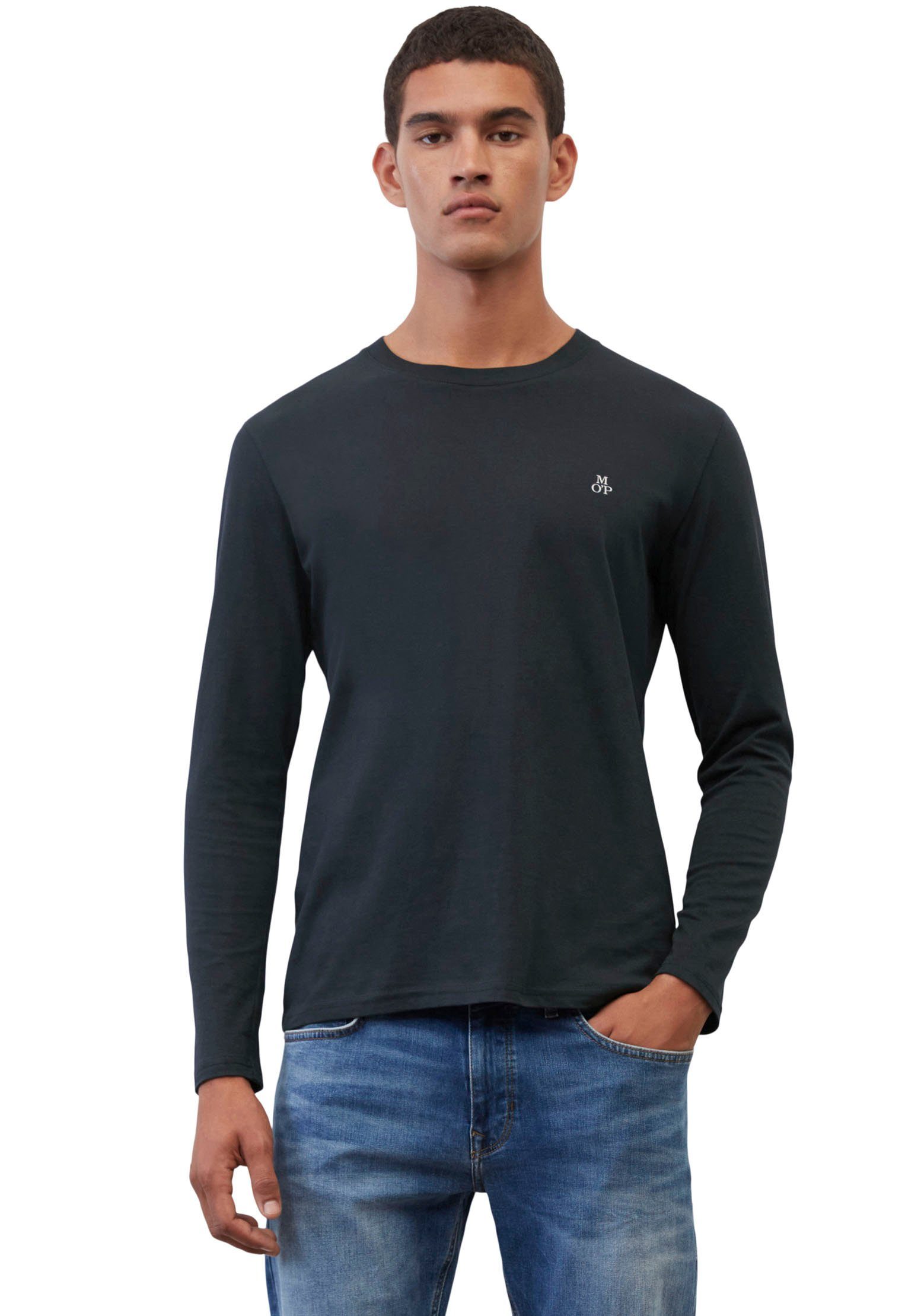 night O'Polo mit Marc Logo-Print dezentem dark vorne Langarmshirt