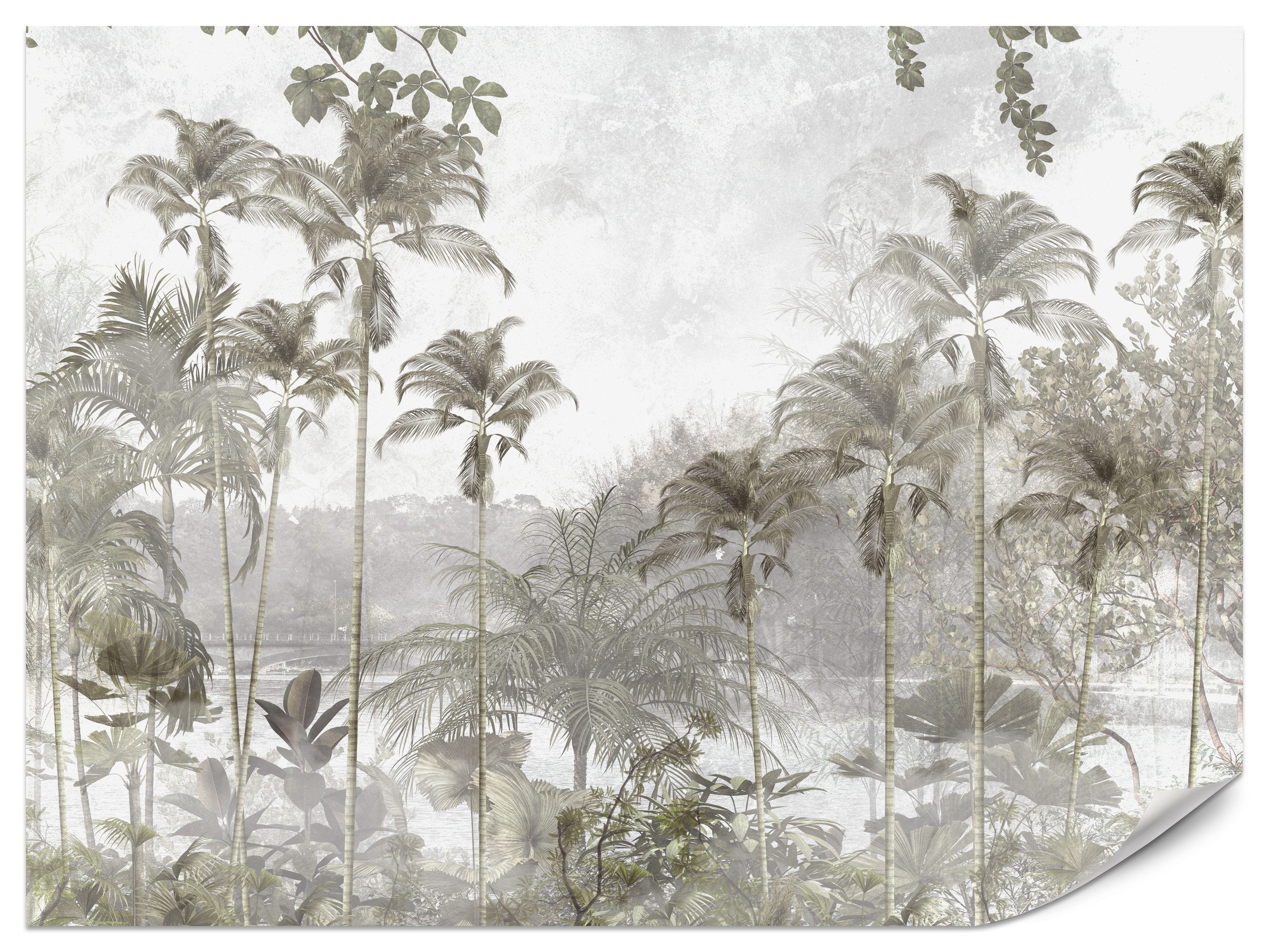 Muralo Fototapete Vliestapete - Heller tropischer Palmenwald in Beige und Grau, Glatt, Grafisch, (Packung, 1 St., 100x70 cm), Kleber im Set, 3D-Optik, Ins Schlafzimmer