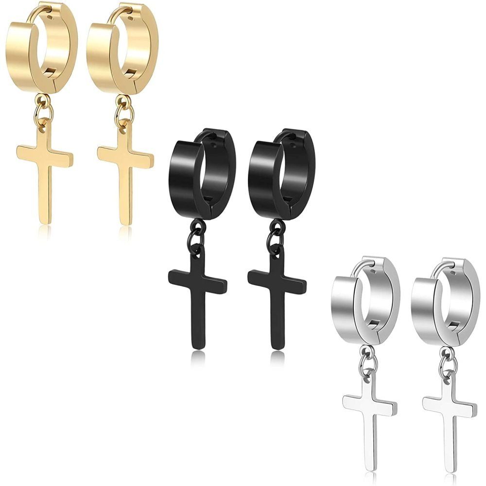 GelldG Ohrring-Set 3 Paar Paar Hip Hop Cross Dangle Hinged Creolen Edelstahl Ohrhänger